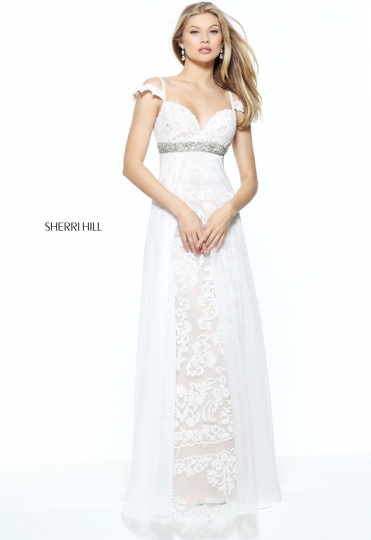 Sherri Hill 50927 empire waist column chiffon over skirt in ivory/nude
