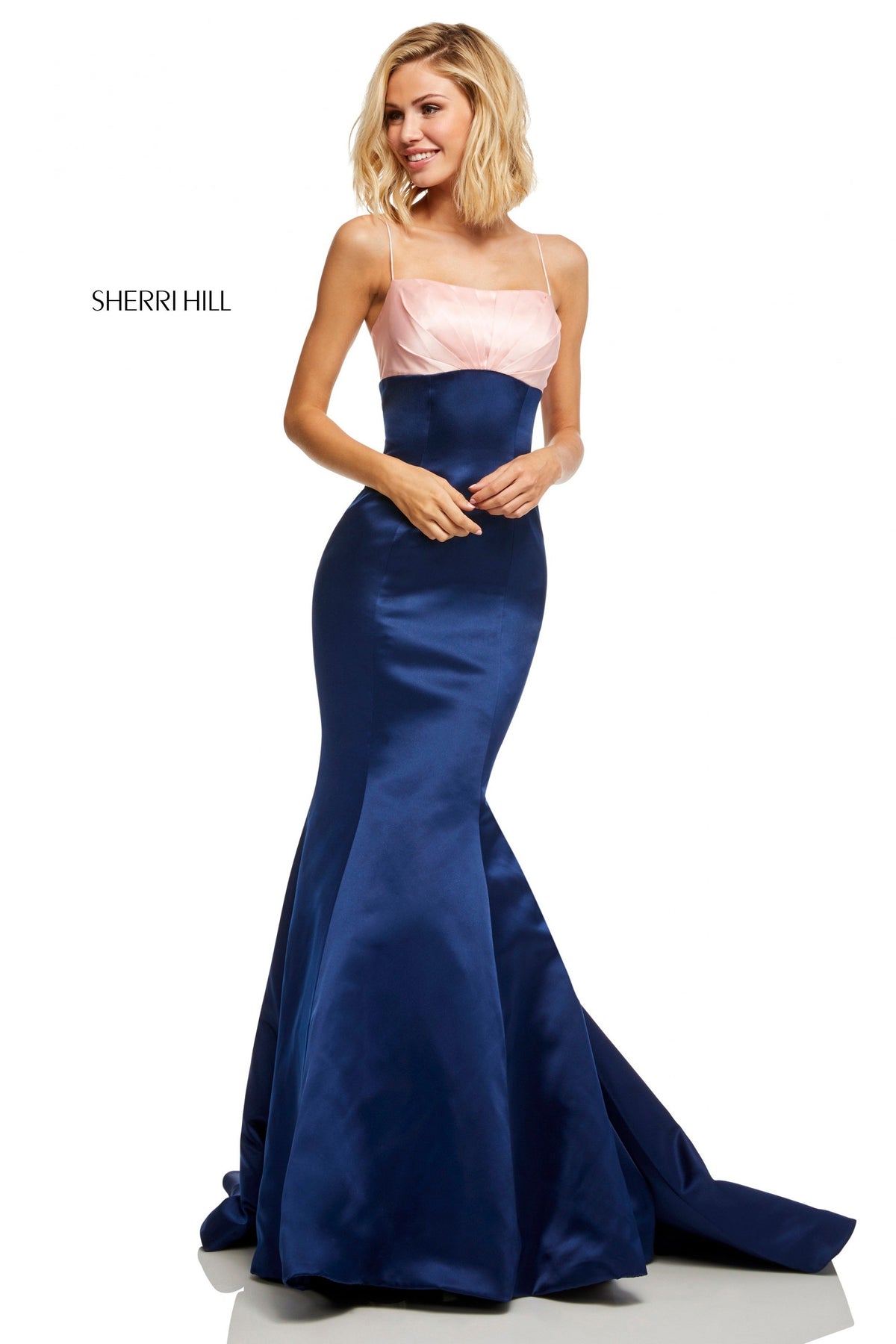 Sherri Hill 52615 satin mermaid gown in blush/navy