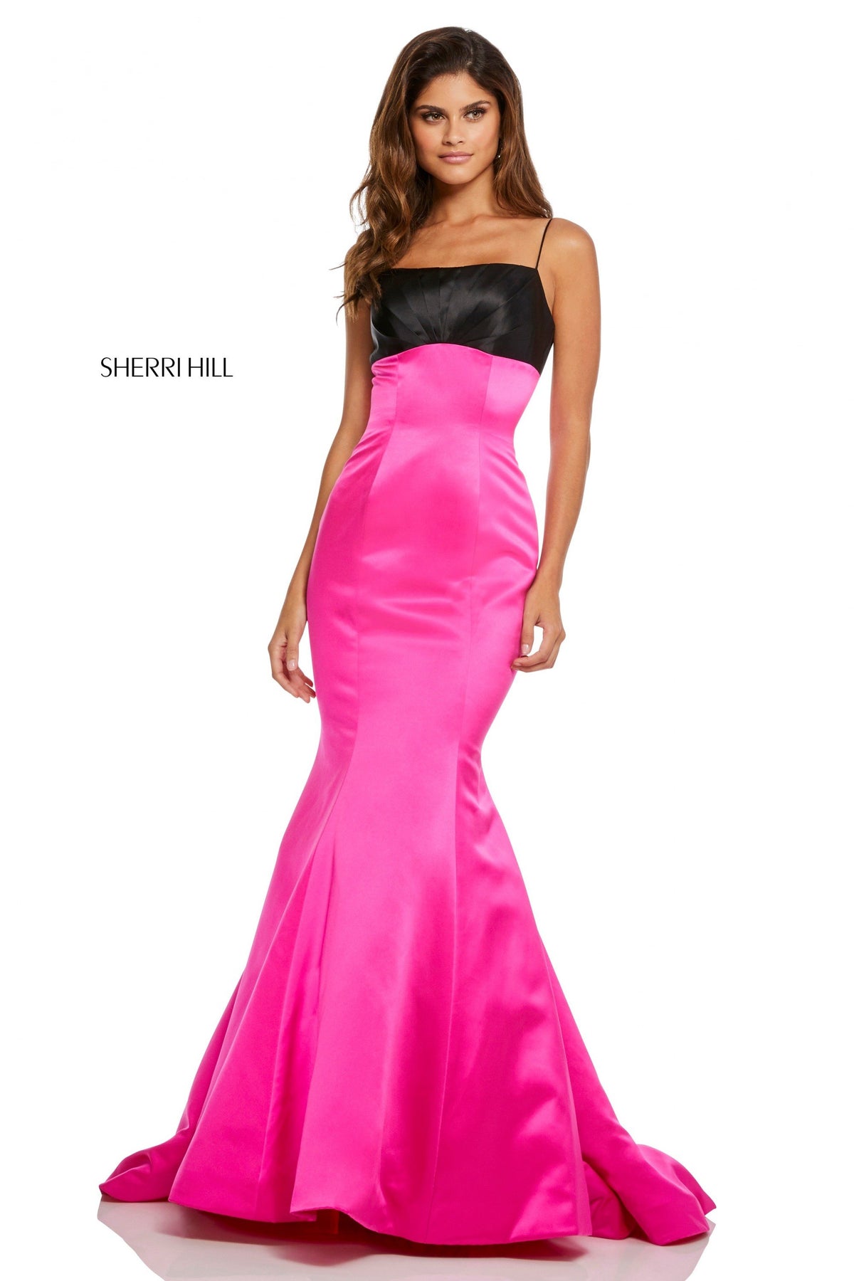Sherri Hill 52615 satin mermaid gown in black/fuchsia