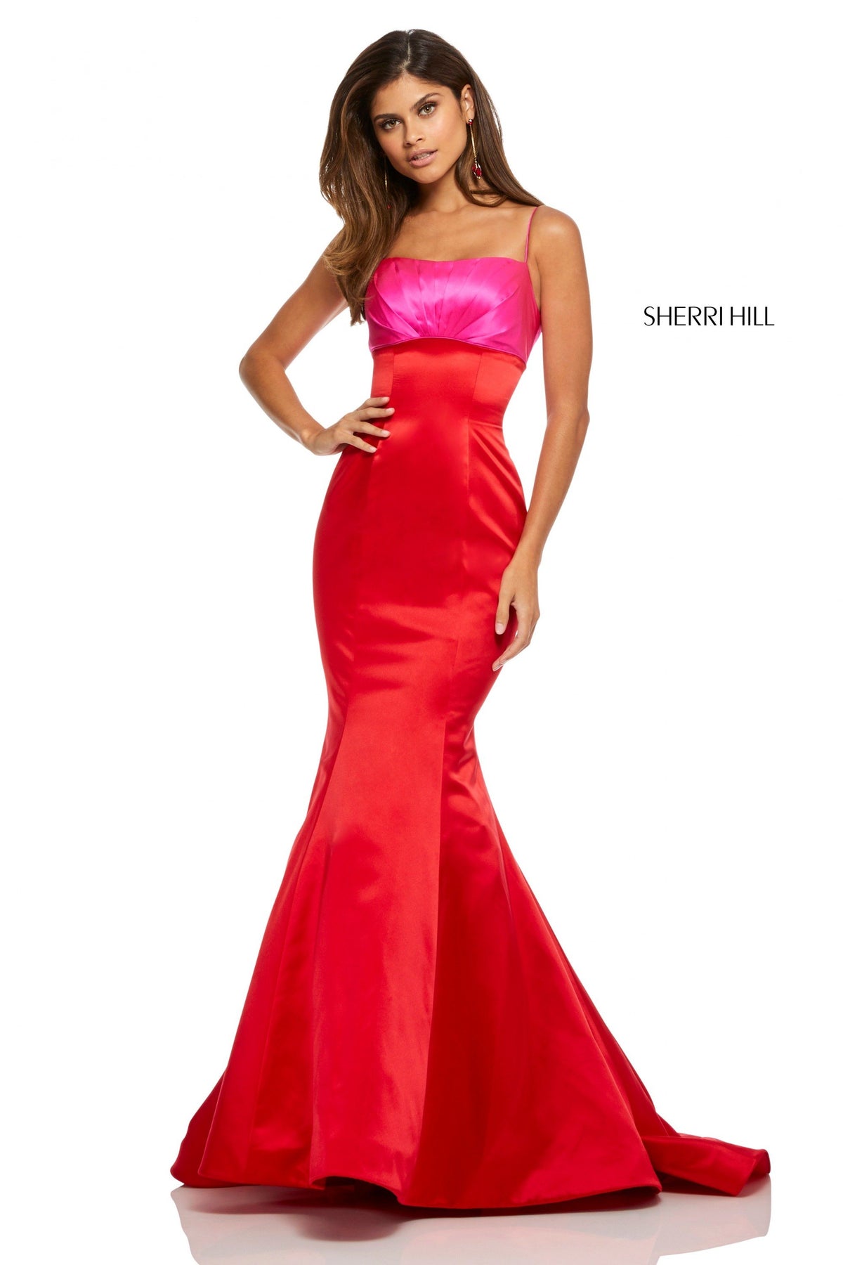 Sherri Hill 52615 satin mermaid gown in fuchsia/red