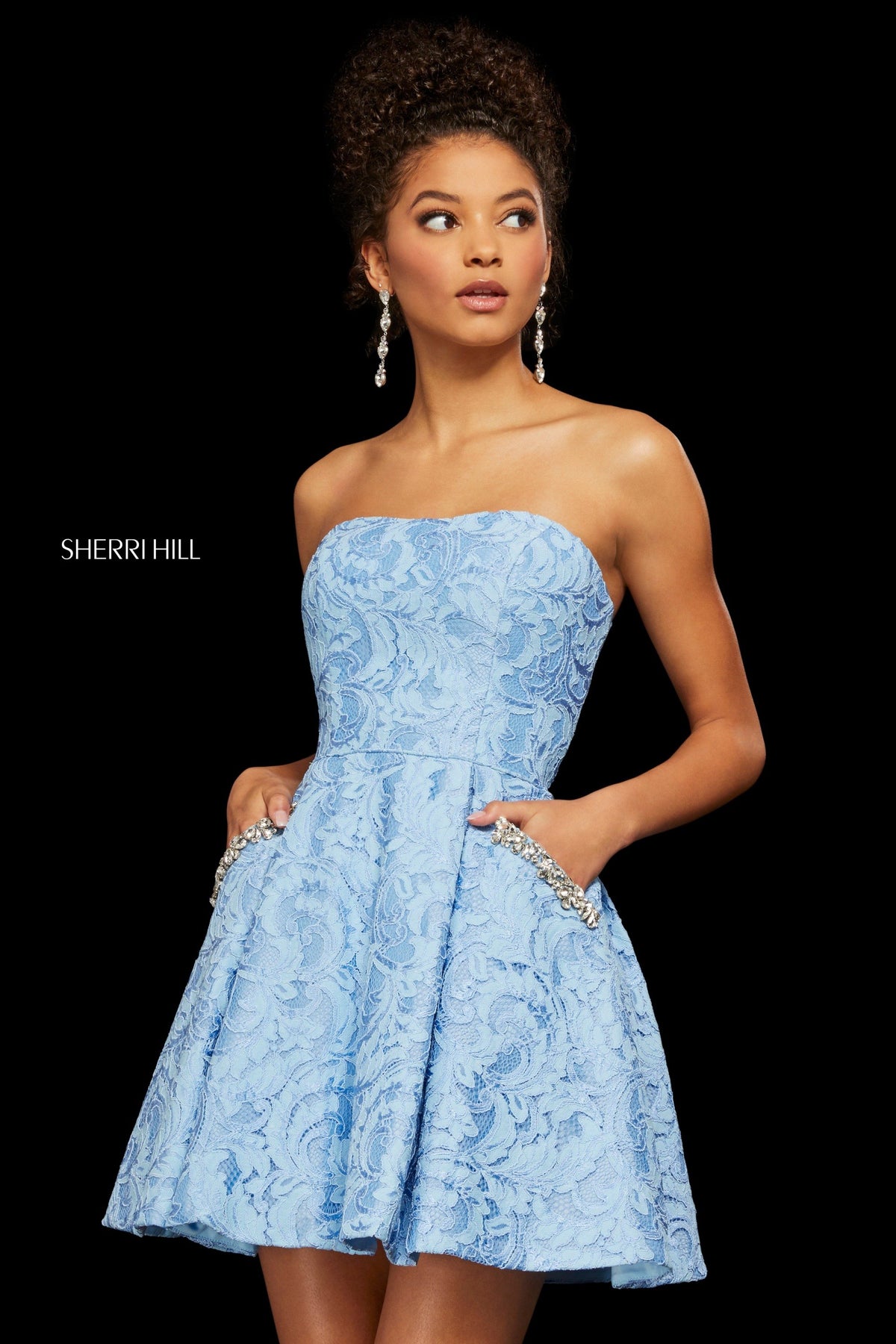 Sherri Hill 53002 lace cocktail length A-line dress in light blue