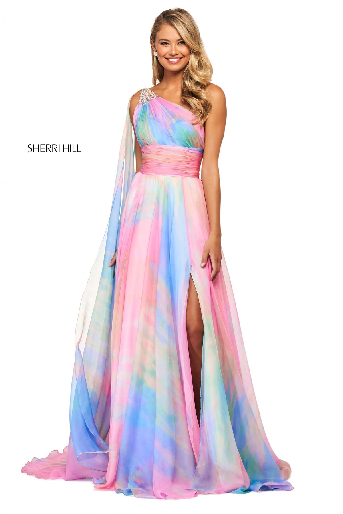 Sherri Hill 53768 tie dye print chiffon gown in multi print