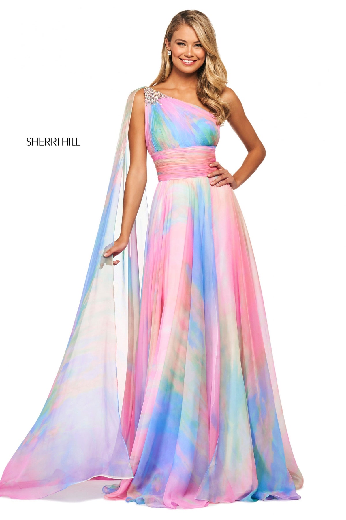Sherri Hill 53768 tie dye print chiffon gown in multi print