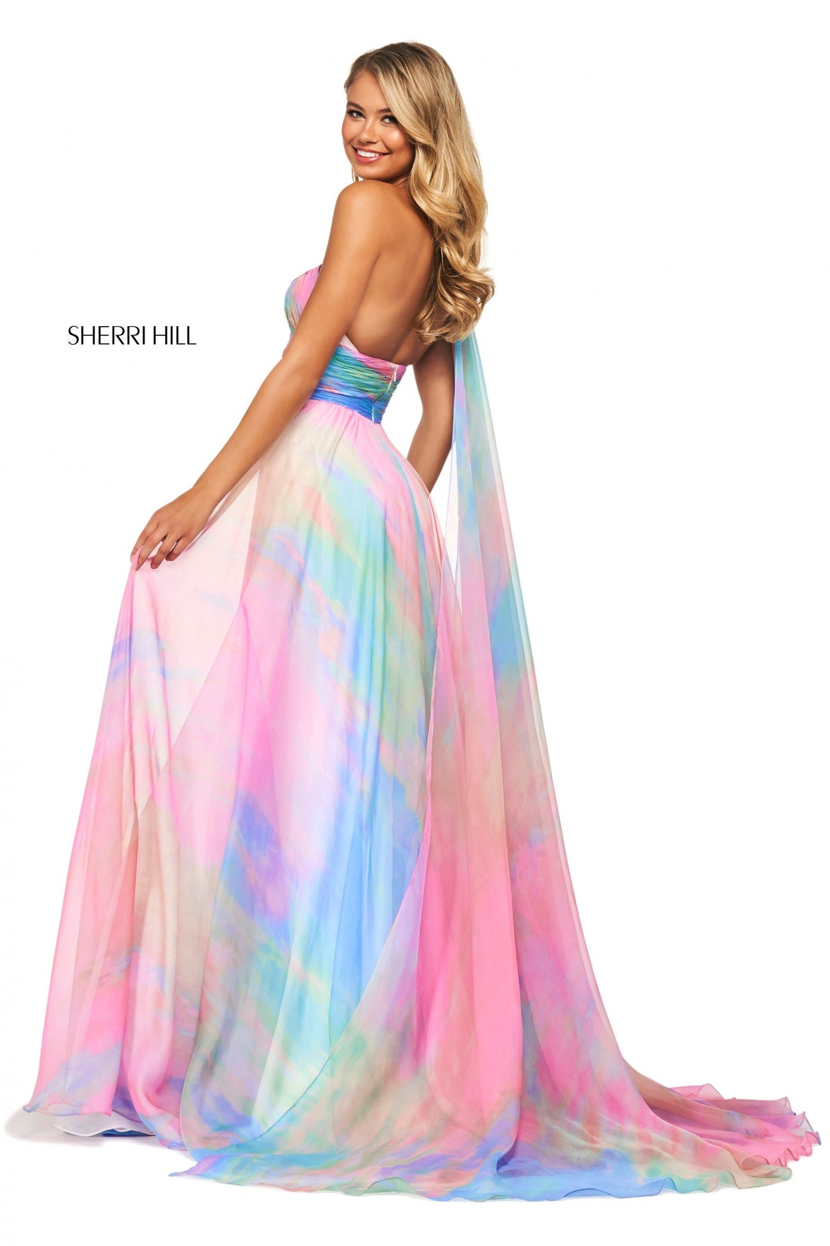 Sherri Hill 53768 tie dye print chiffon gown in multi print
