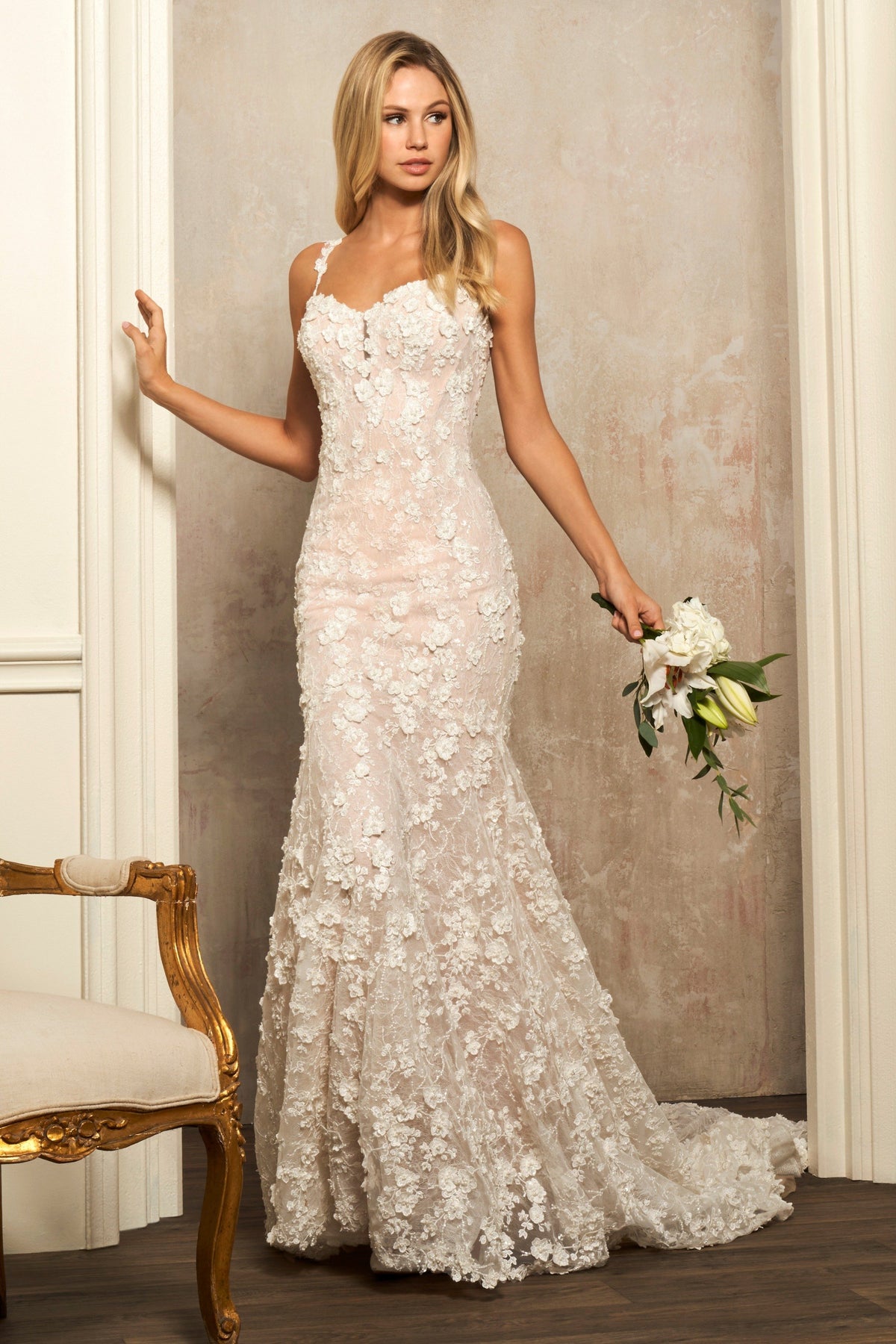 Sherri Hill 81029 lace mermaid wedding dress with train