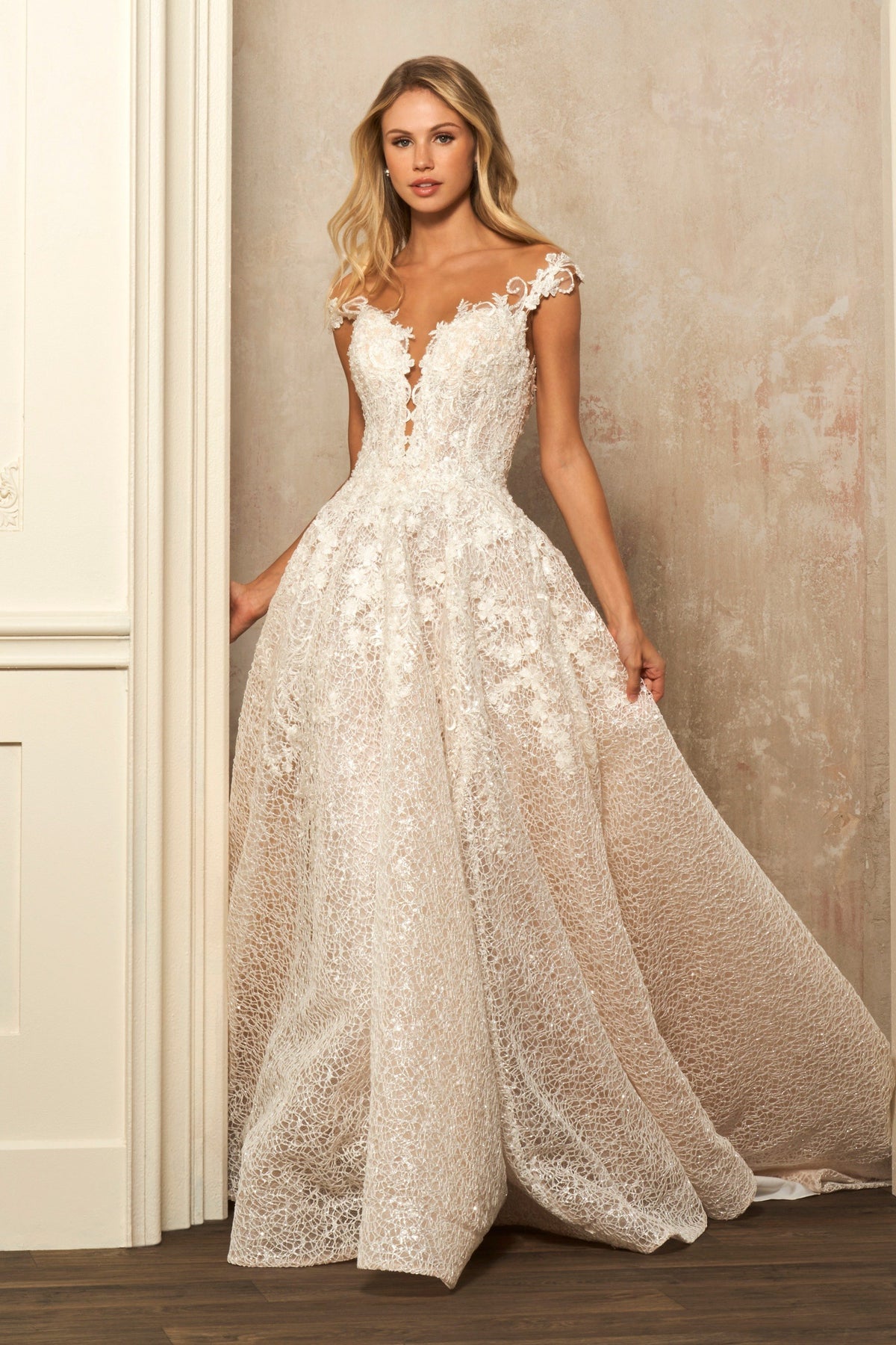 Sherri Hill 81069 off-the-shoulder lace ball gown wedding dress