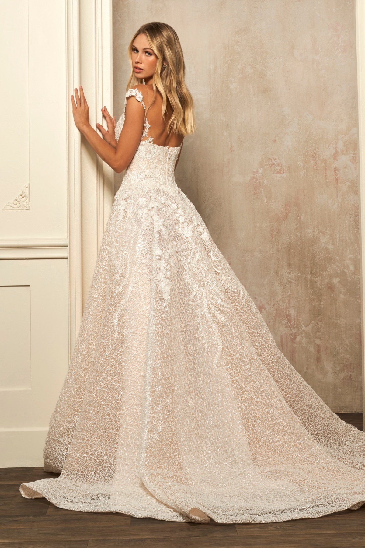 Sherri Hill 81069 off-the-shoulder lace ball gown wedding dress