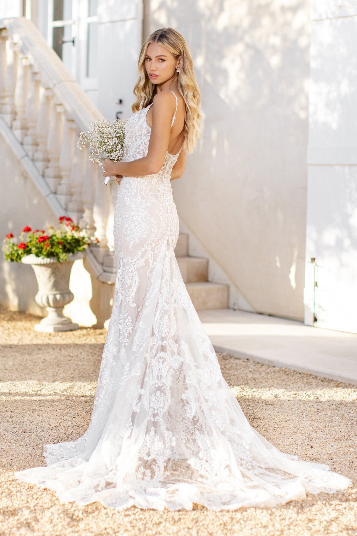 Sherri Hill 71062 lace fitted wedding dress with plunging neckline
