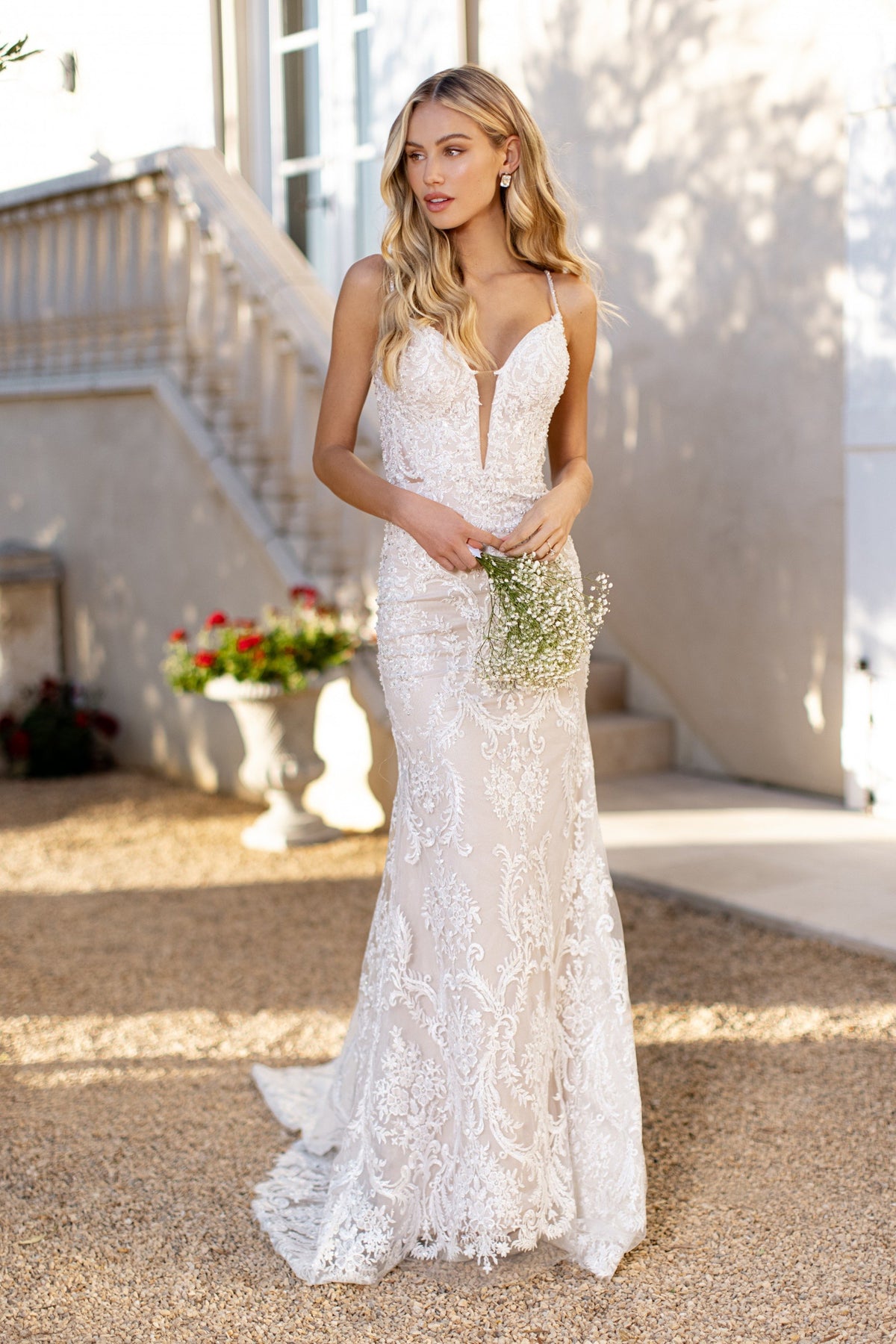 Sherri Hill 71062 lace fitted wedding dress with plunging neckline