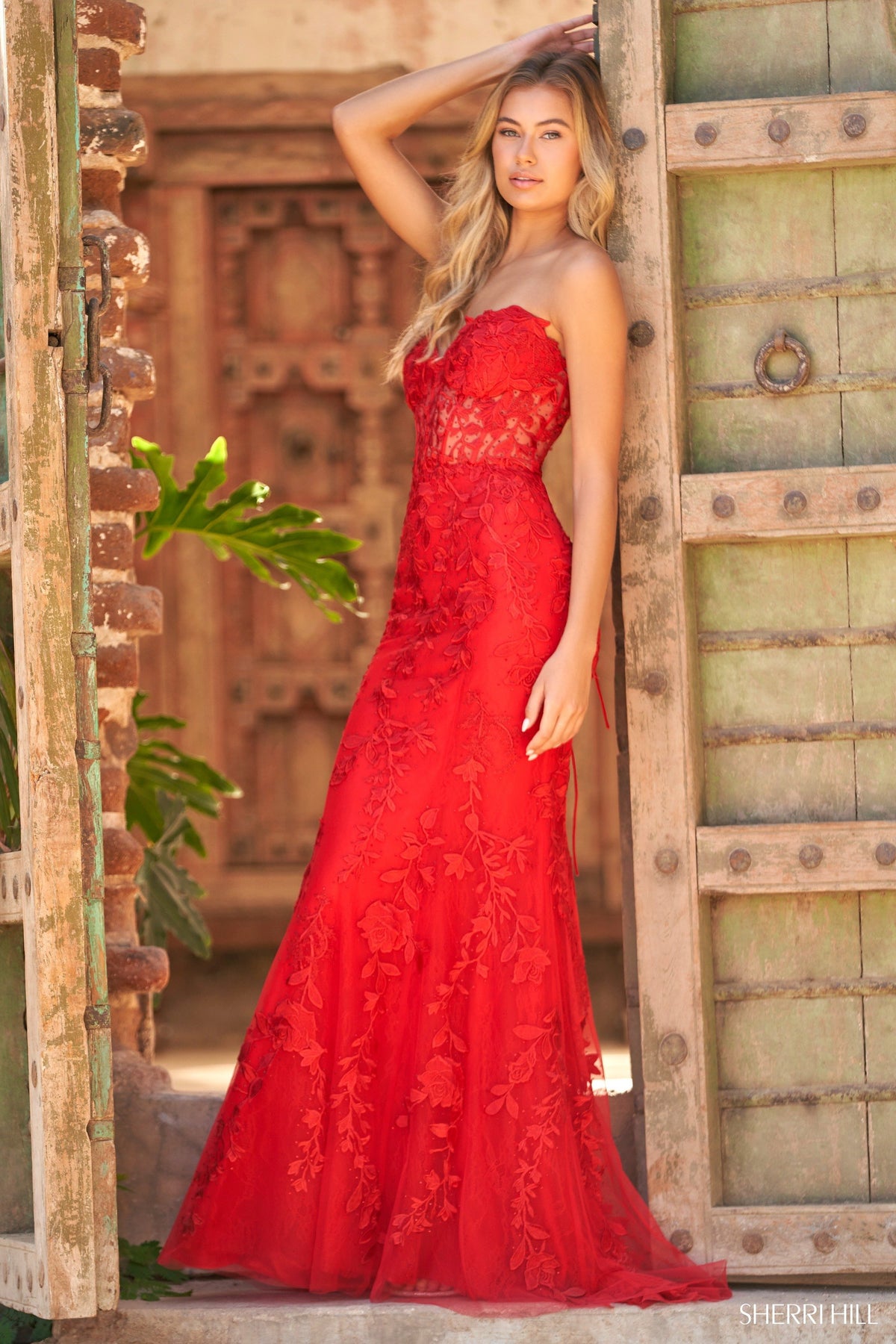 Sherri Hill 54227 leaf lace embroidered fitted gown