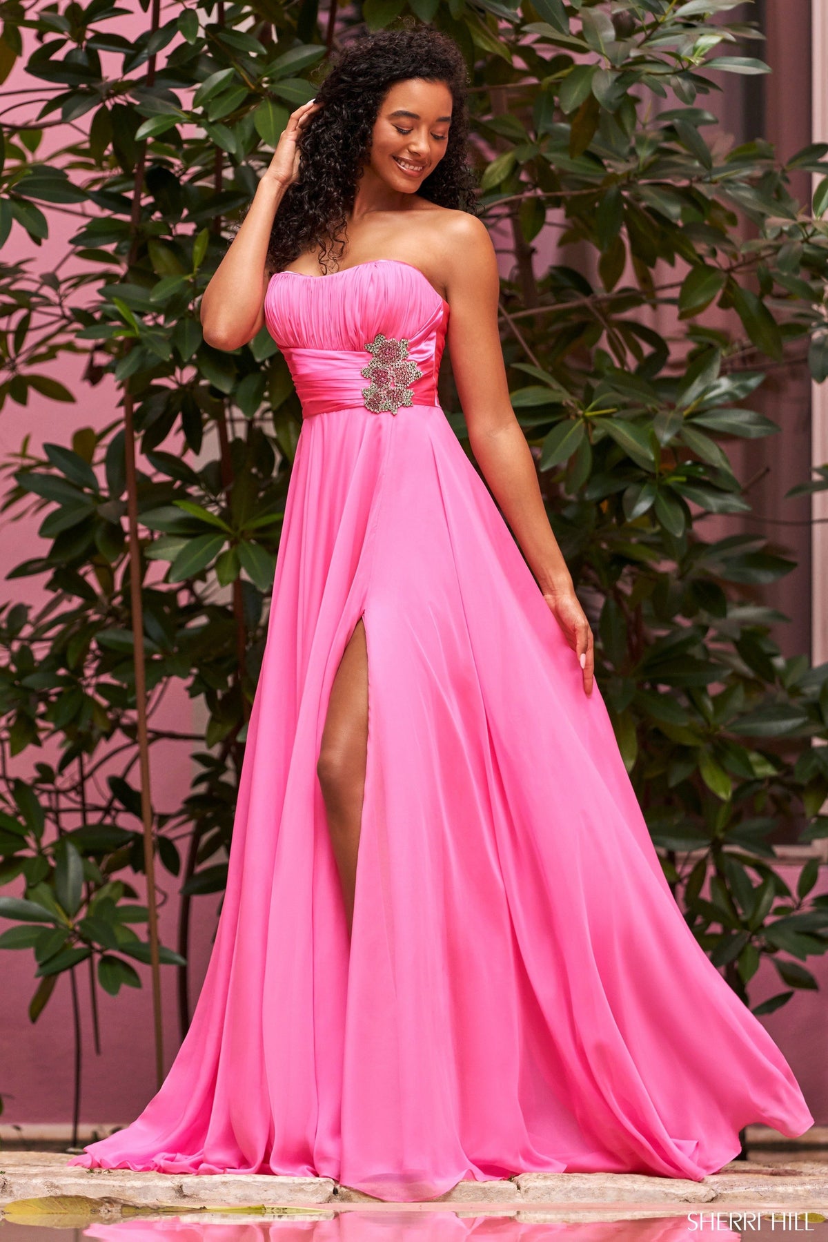 Sherri Hill 54941 strapless chiffon gown in candy pink