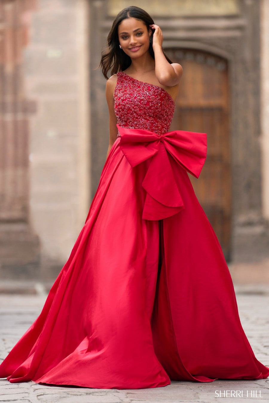 Sherri Hill style 55469 in red, One Shoulder Ballgown
