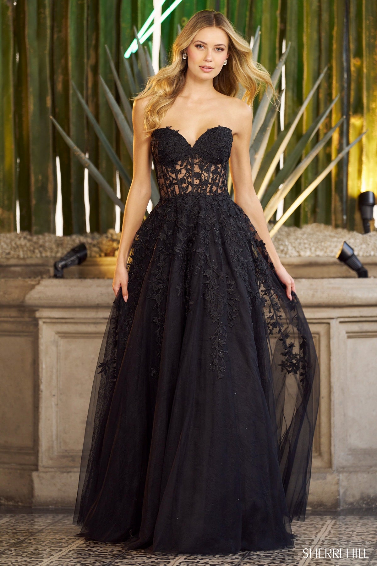 Sherri Hill 55760 leaf lace embroidered A-line gown in black