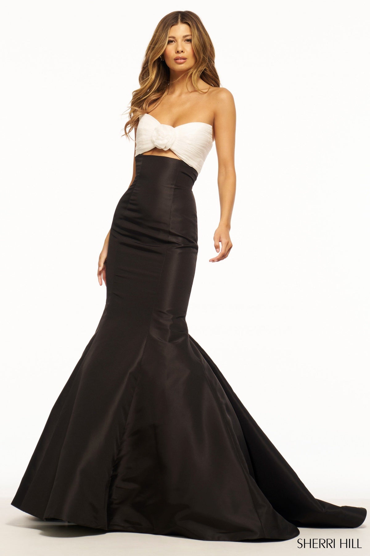 Sherri Hill 56058 strapless fitted taffeta mermaid gown in ivory with black