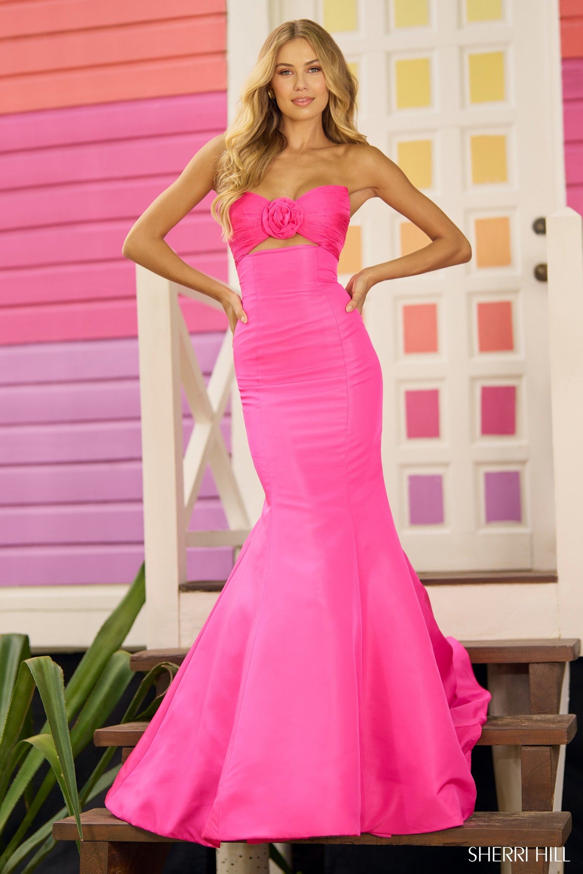 Sherri Hill 56058 strapless fitted taffeta mermaid gown