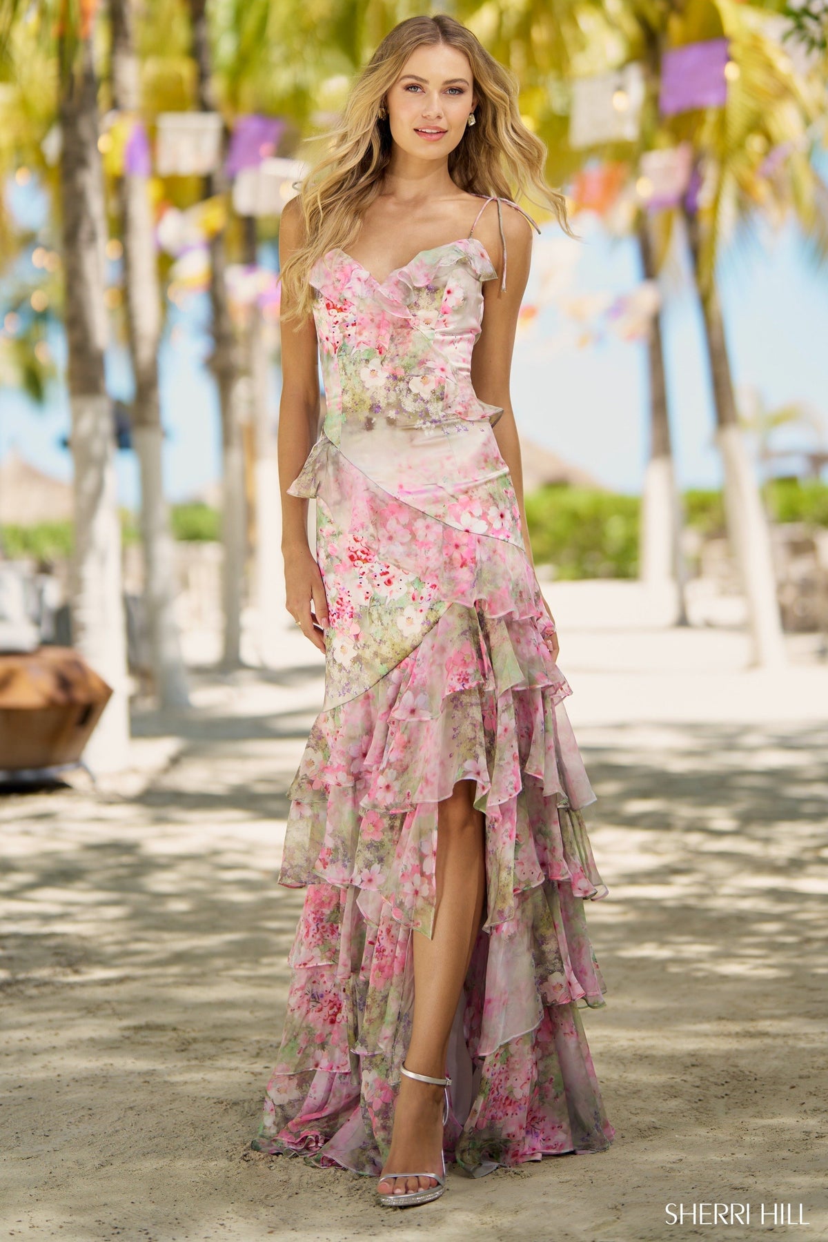 Sherri Hill 56168 floral silk gown in pink with multi