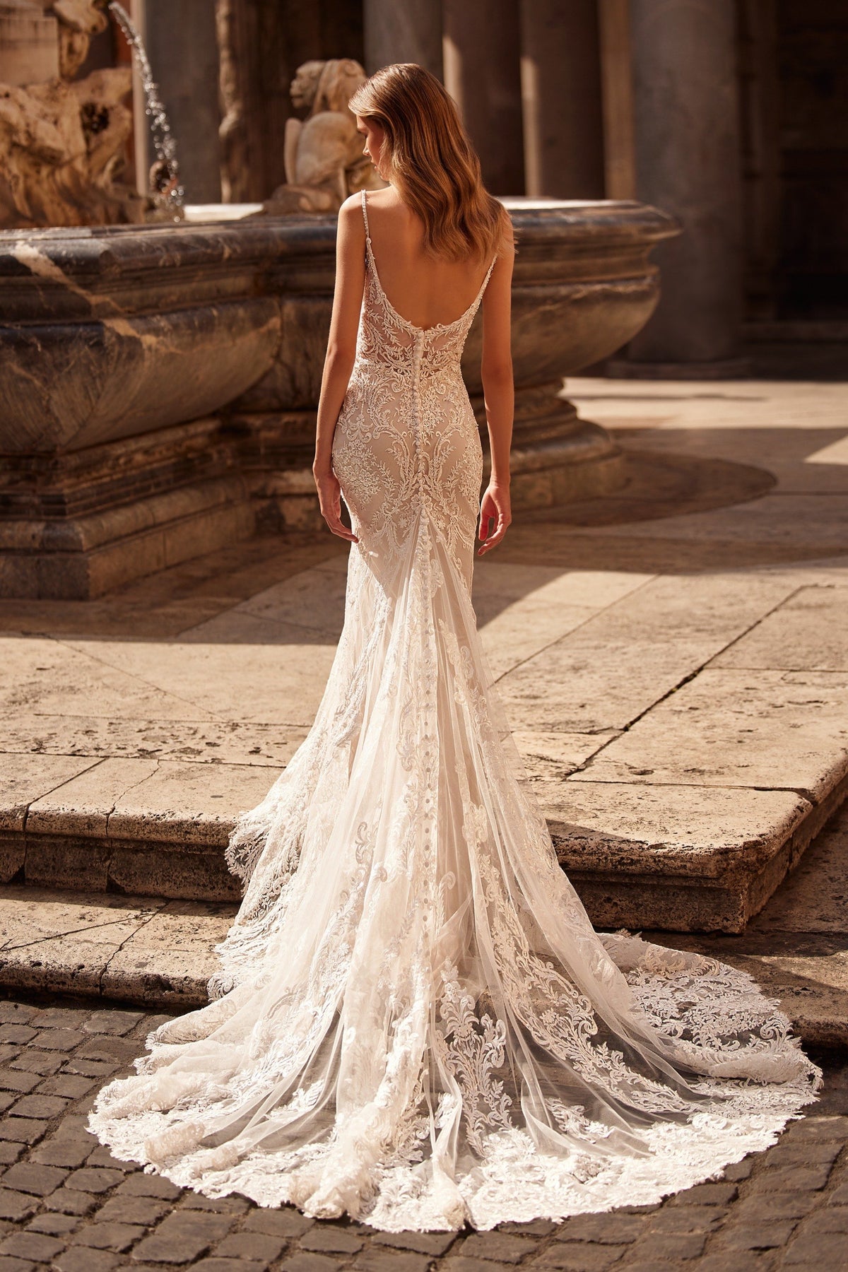 Sherri Hill 71062 lace fitted wedding dress with plunging neckline