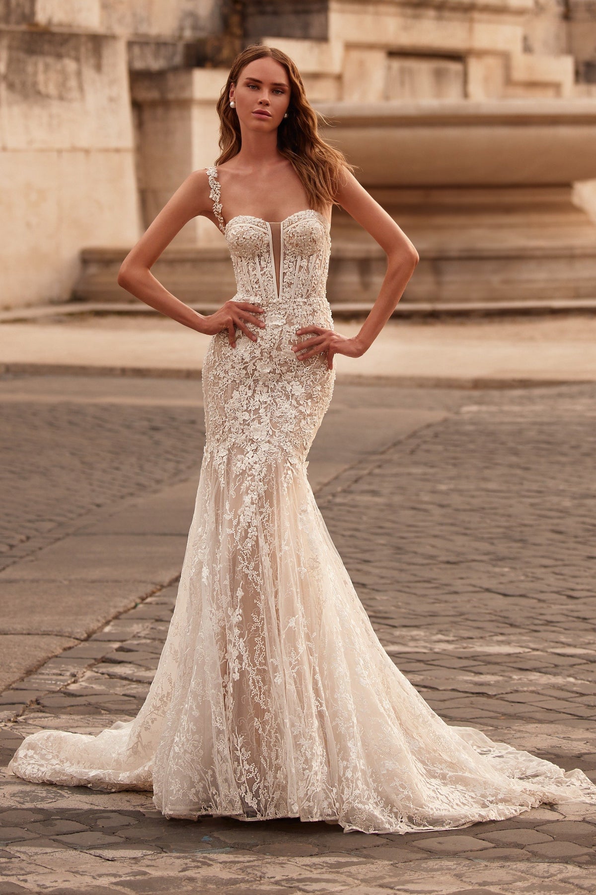 Sherri Hill 71140 strapless lace mermaid wedding dress