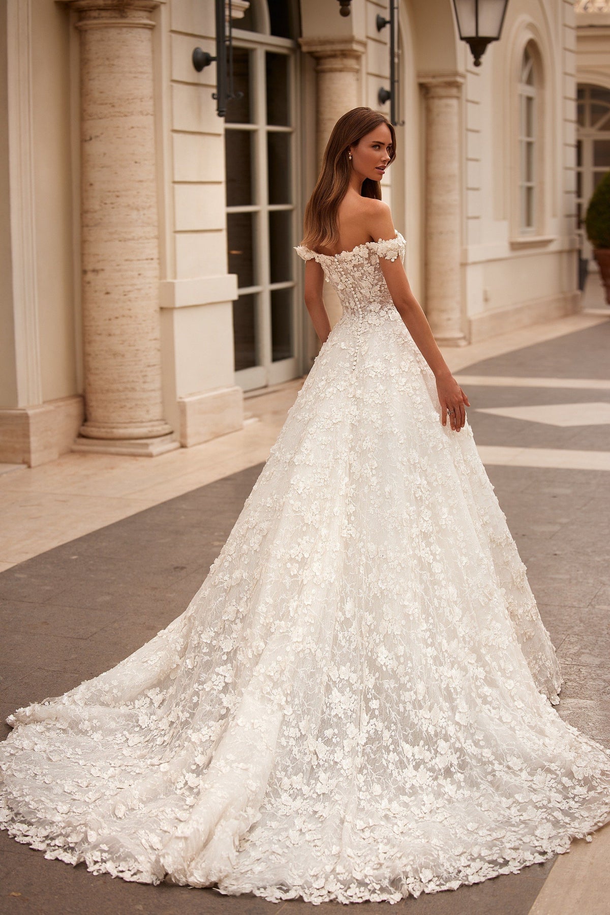 Sherri Hill 81006 off-the-shoulder lace A-line wedding dress in ivory