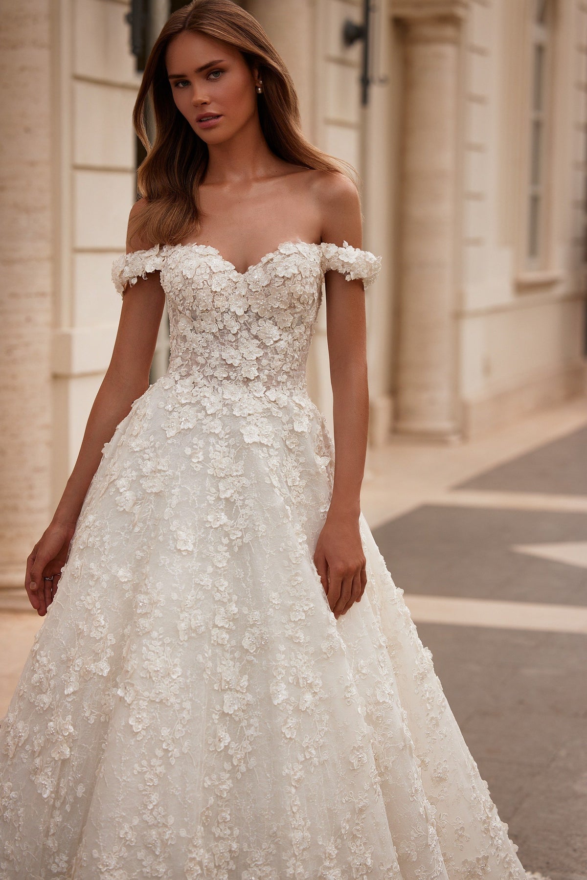 Sherri Hill 81006 off-the-shoulder lace A-line wedding dress in ivory