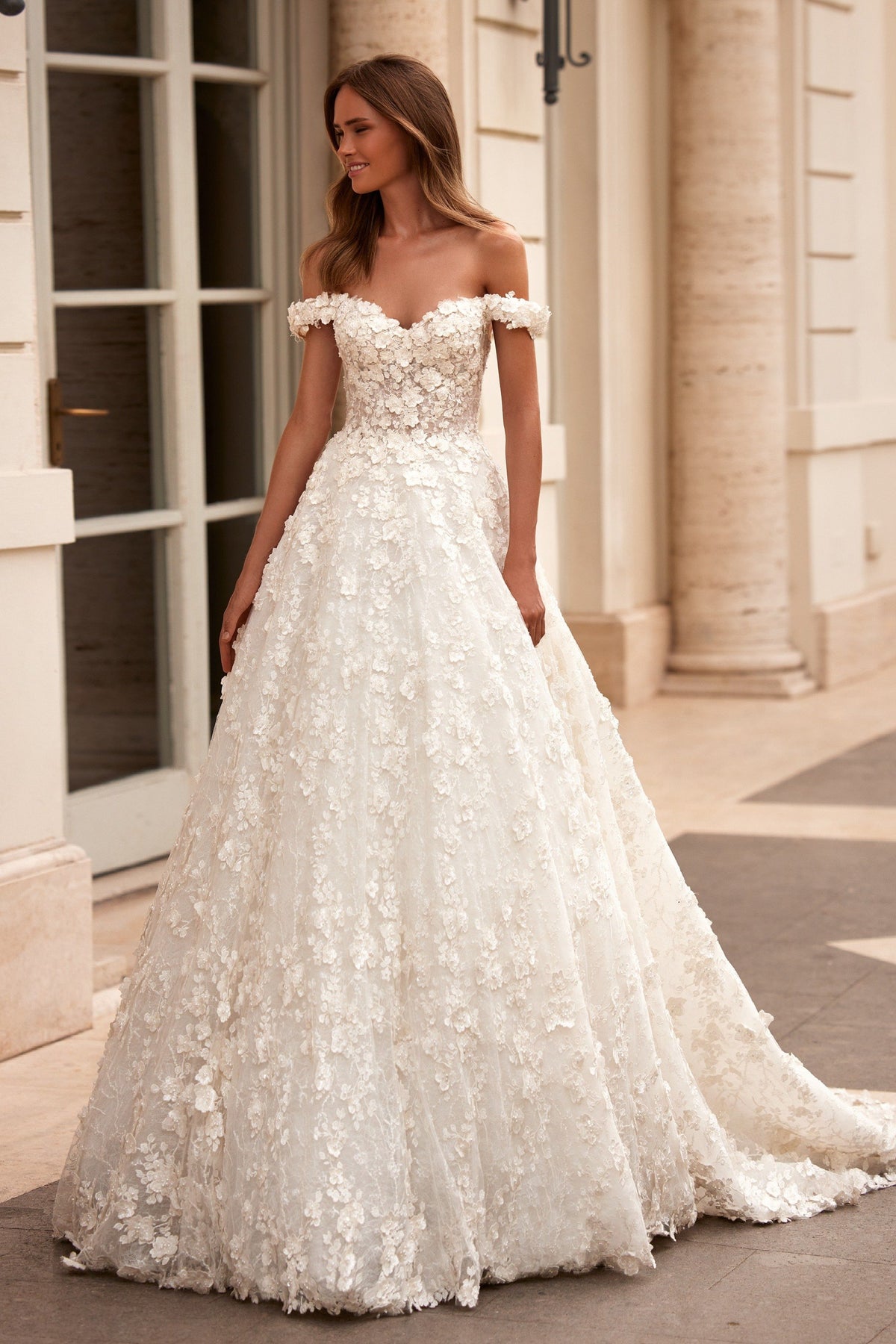 Sherri Hill 81006 off-the-shoulder lace A-line wedding dress in ivory