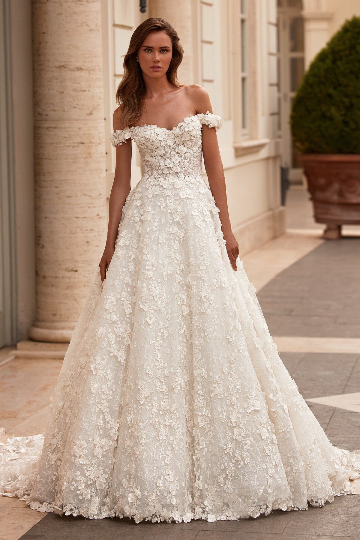 Sherri Hill 81006 off-the-shoulder lace A-line wedding dress in ivory