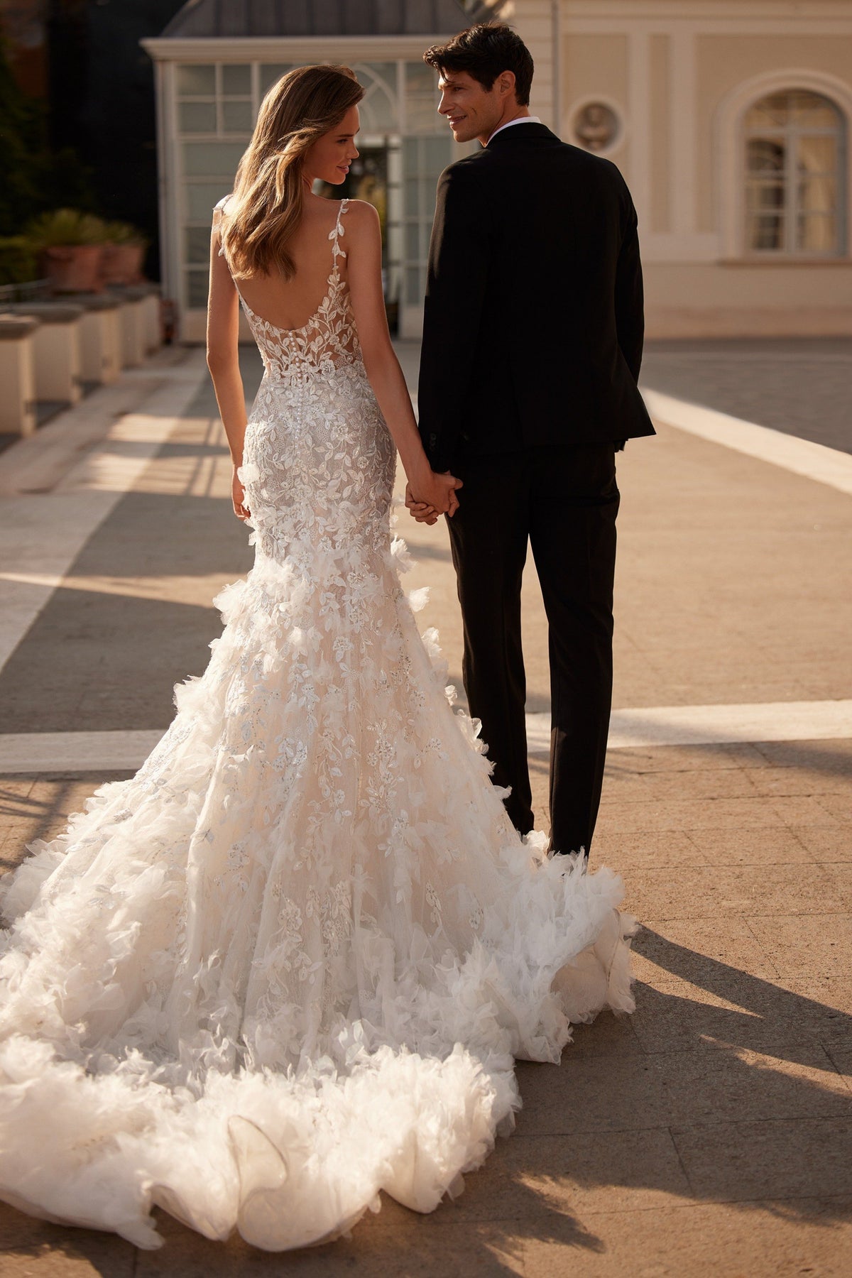 Sherri Hill 81095 floral appliquéd mermaid wedding dress with ruffled hem