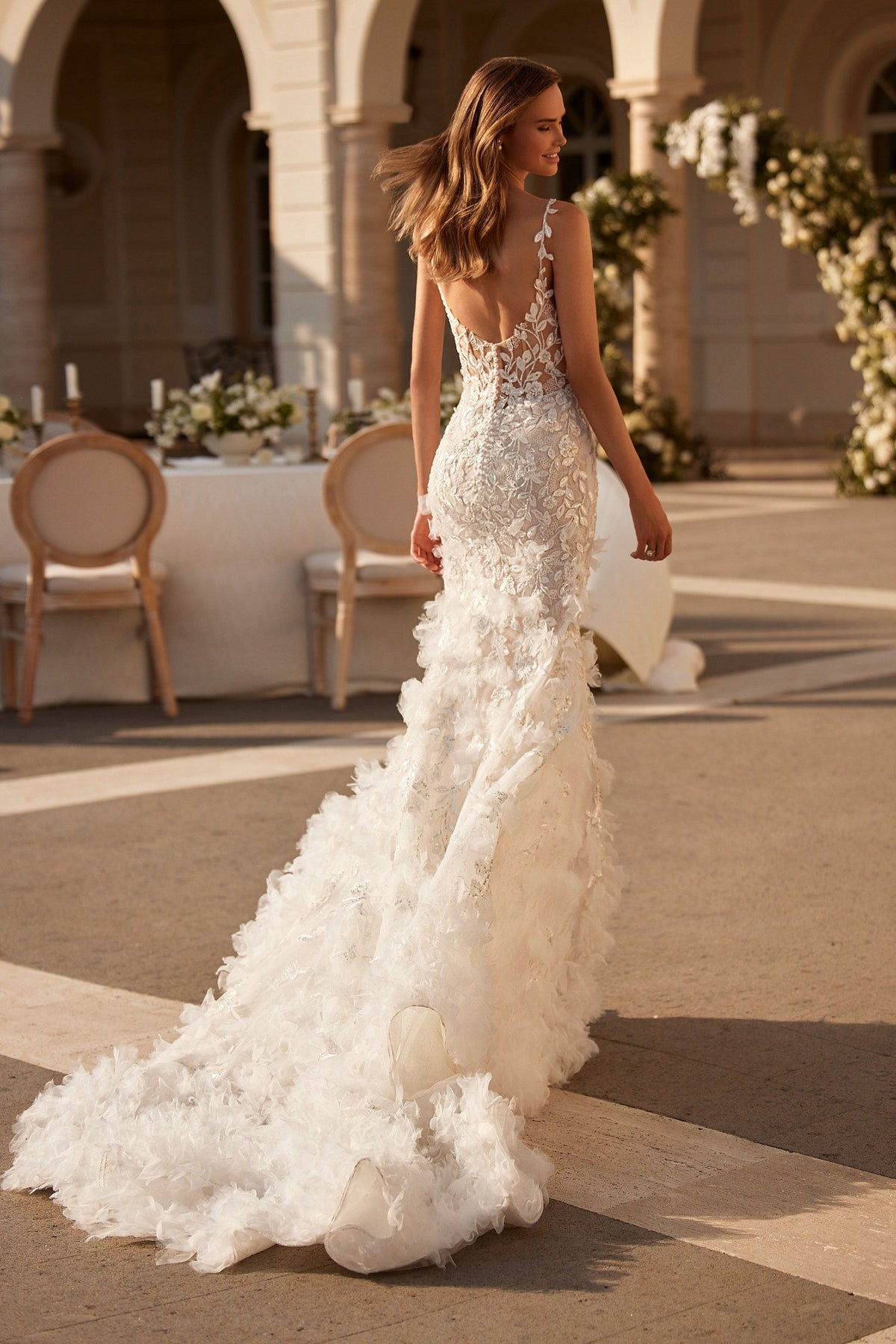 Sherri Hill 81095 floral appliquéd mermaid wedding dress with ruffled hem