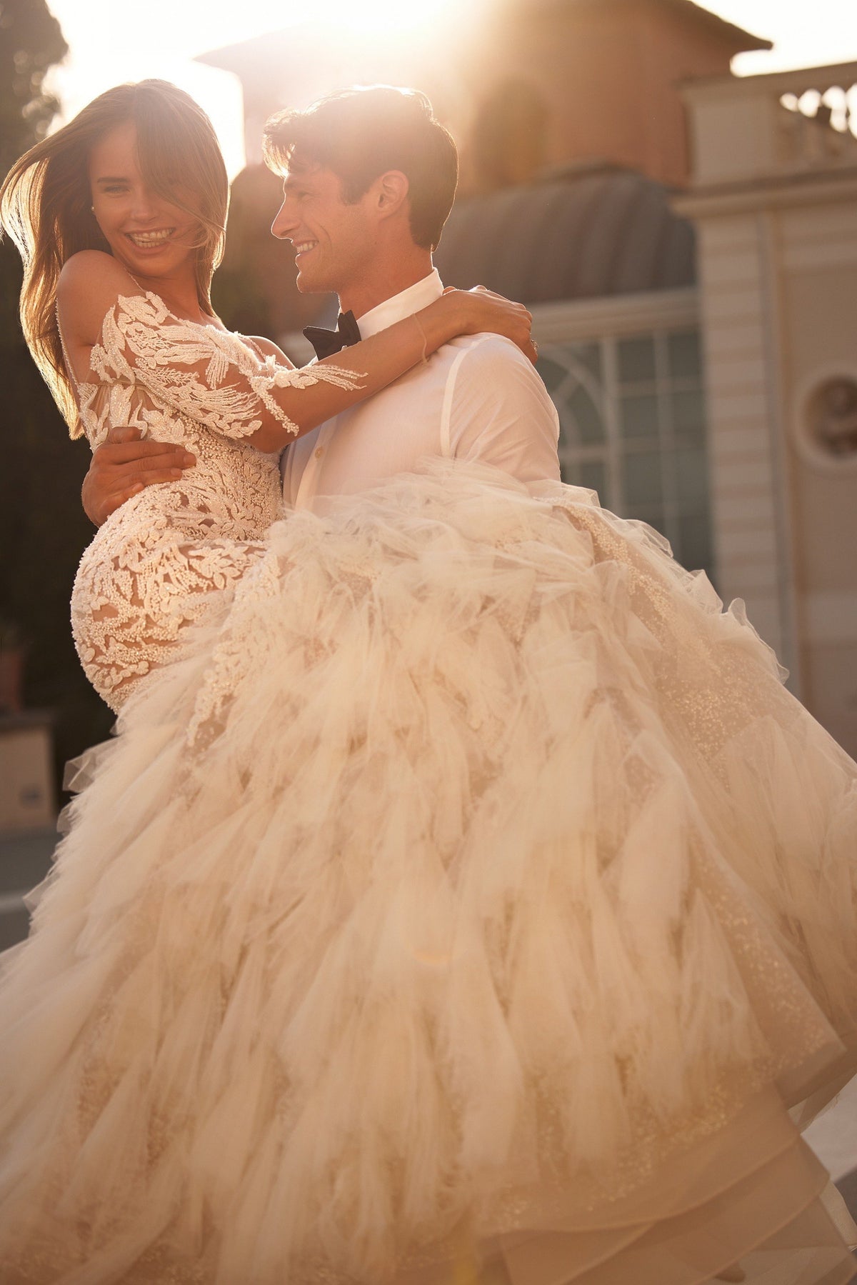Sherri Hill 81107 beaded mermaid wedding dress with ruffled tulle skirt