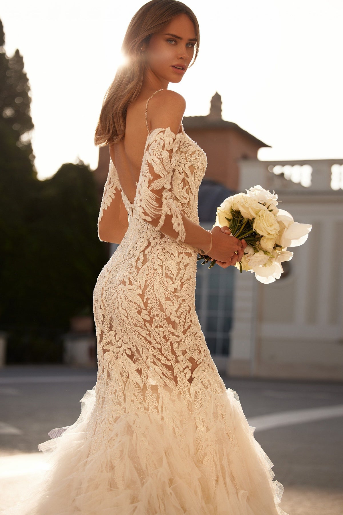 Sherri Hill 81107 beaded mermaid wedding dress with ruffled tulle skirt