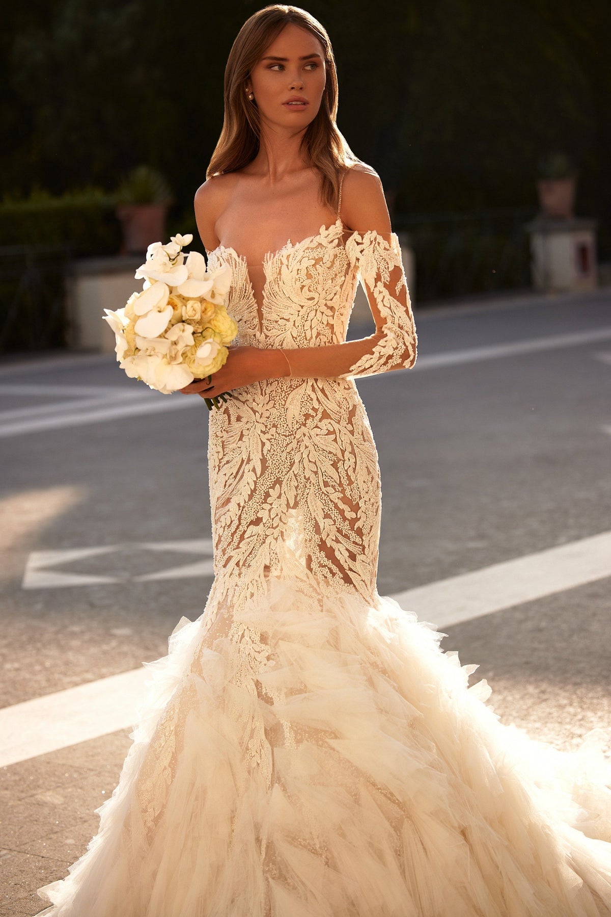 Sherri Hill 81107 beaded mermaid wedding dress with ruffled tulle skirt