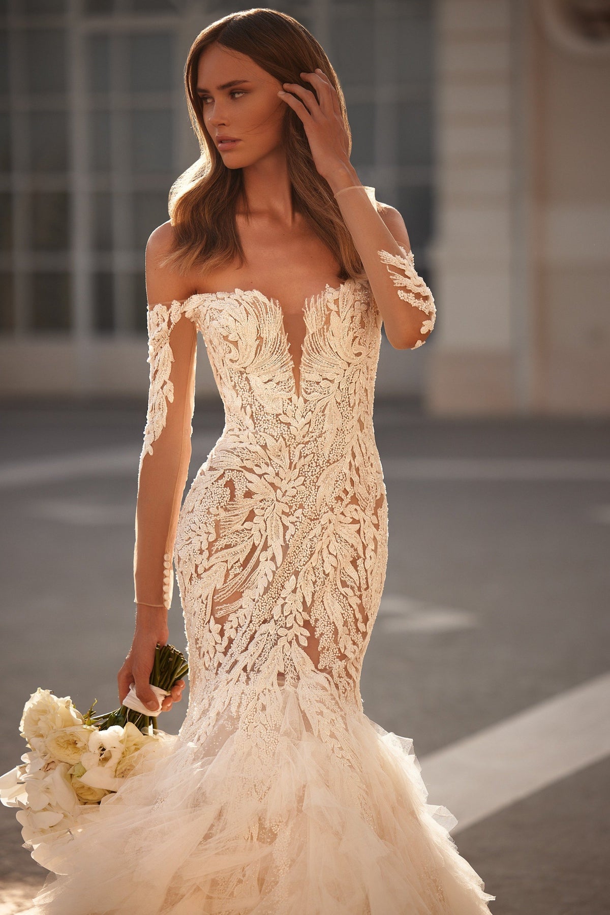 Sherri Hill 81107 beaded mermaid wedding dress with ruffled tulle skirt