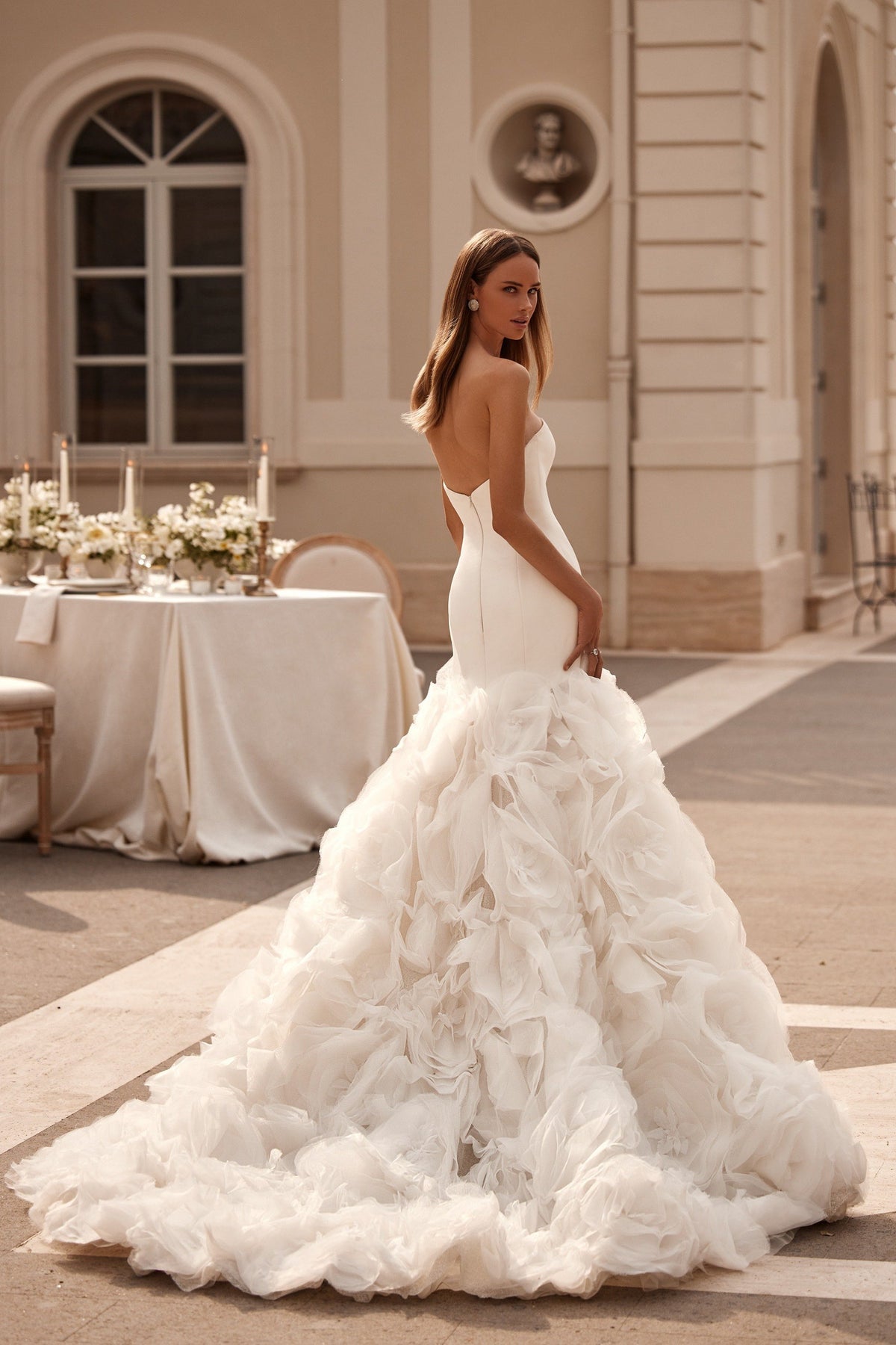 Sherri Hill 81119 strapless mermaid wedding dress with ruffled skirt in ivory