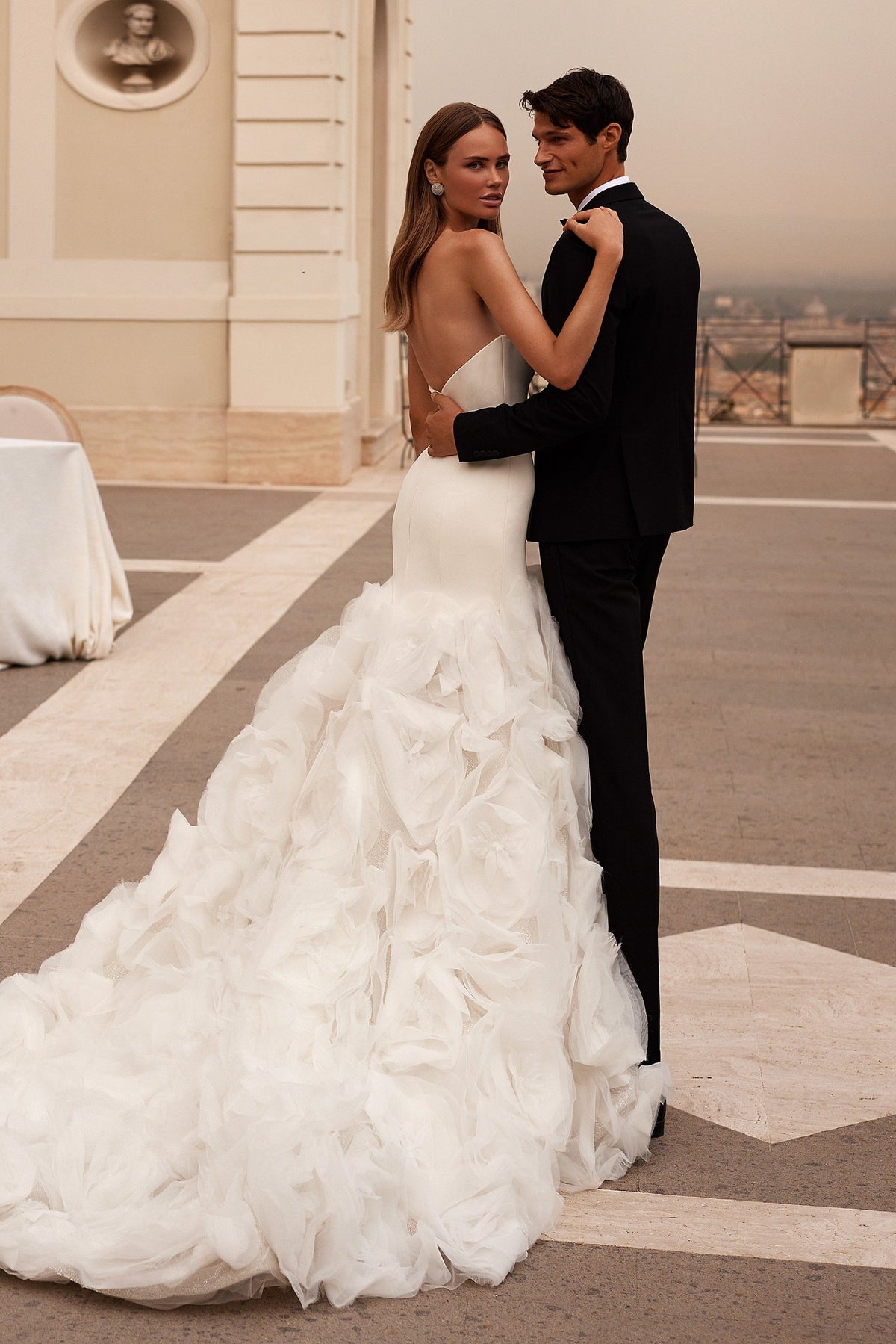 Sherri Hill 81119 strapless mermaid wedding dress with ruffled skirt in ivory
