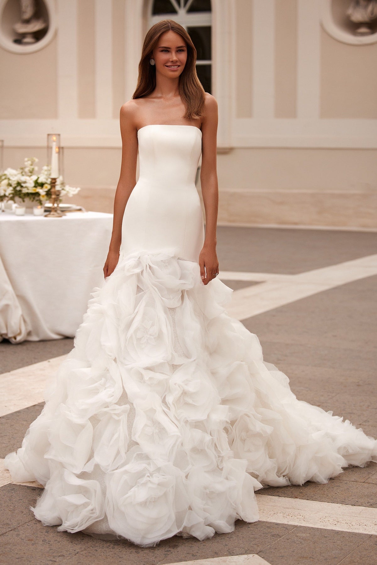 Sherri Hill 81119 strapless mermaid wedding dress with ruffled skirt in ivory
