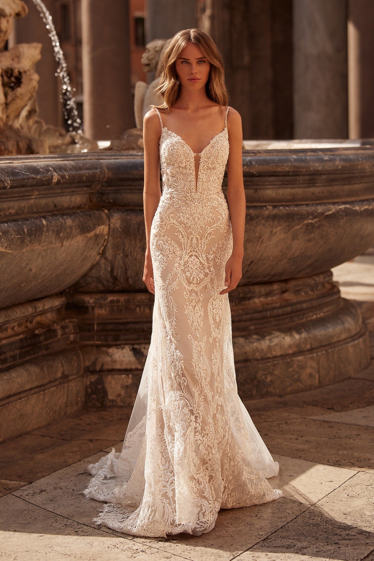 Sherri Hill 71062 lace fitted wedding dress with plunging neckline
