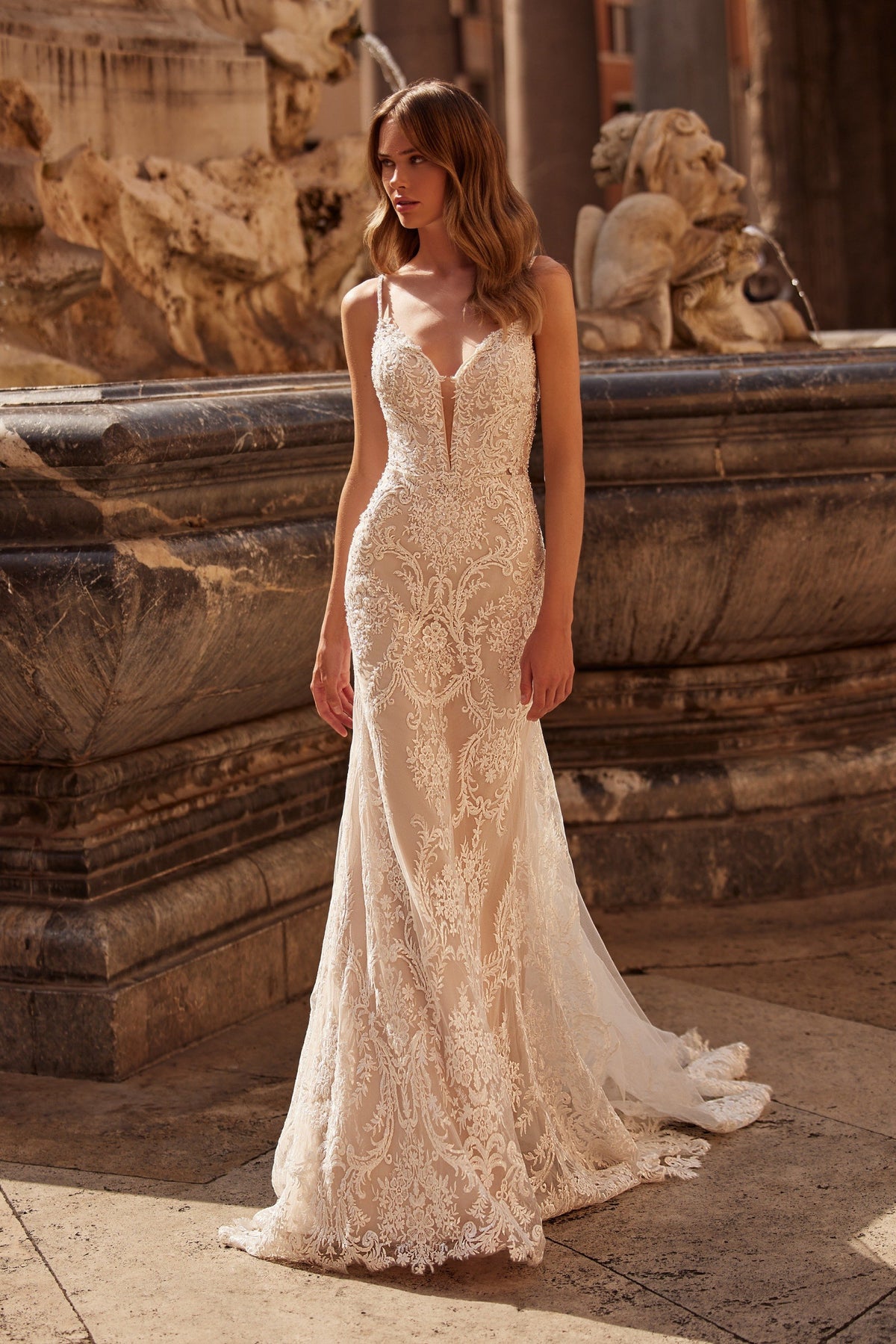 Sherri Hill 71062 lace fitted wedding dress with plunging neckline in ivory/nude