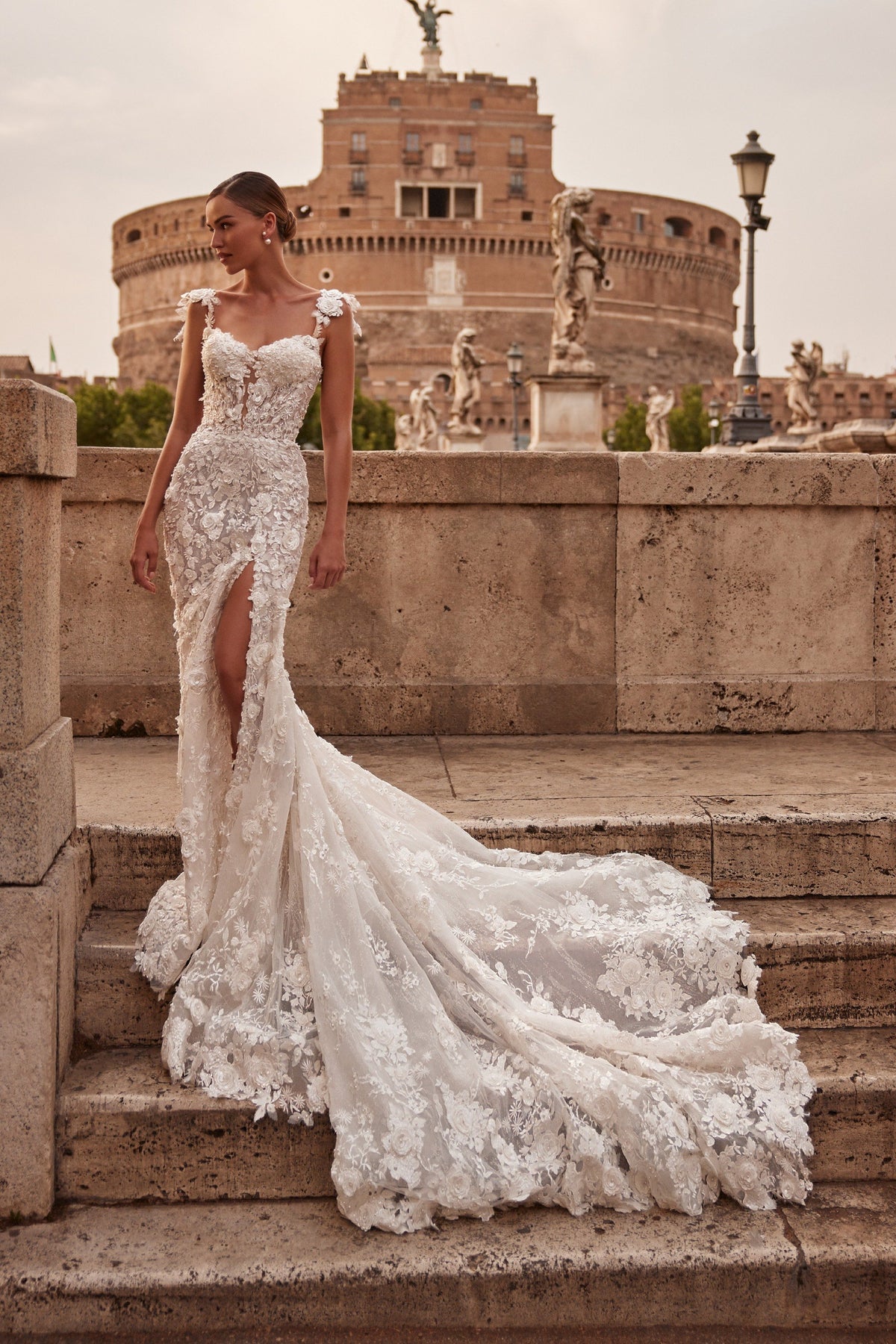 Sherri Hill 81091 open-back lace mermaid wedding dress in ivory/nude