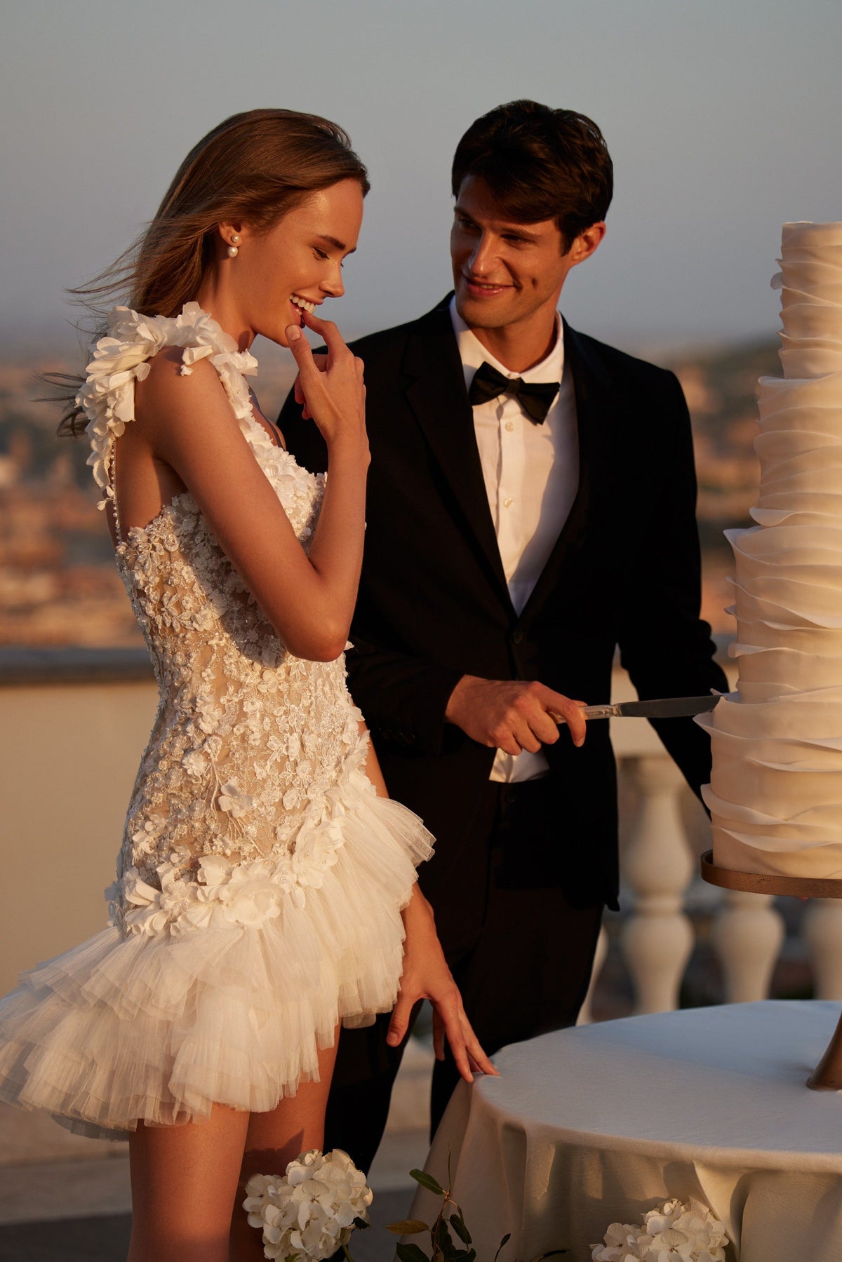 Sherri Hill 81144 sweetheart lace short wedding dress with feather skirt in ivory/nude