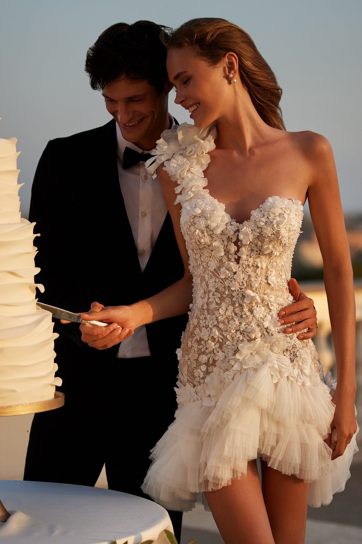 Sherri Hill 81144 sweetheart lace short wedding dress with feather skirt in ivory/nude