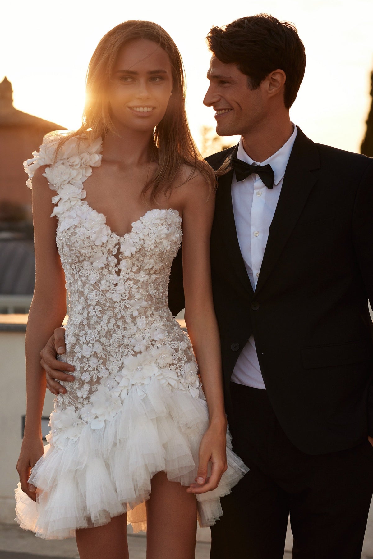 Sherri Hill 81144 sweetheart lace short wedding dress with feather skirt in ivory/nude