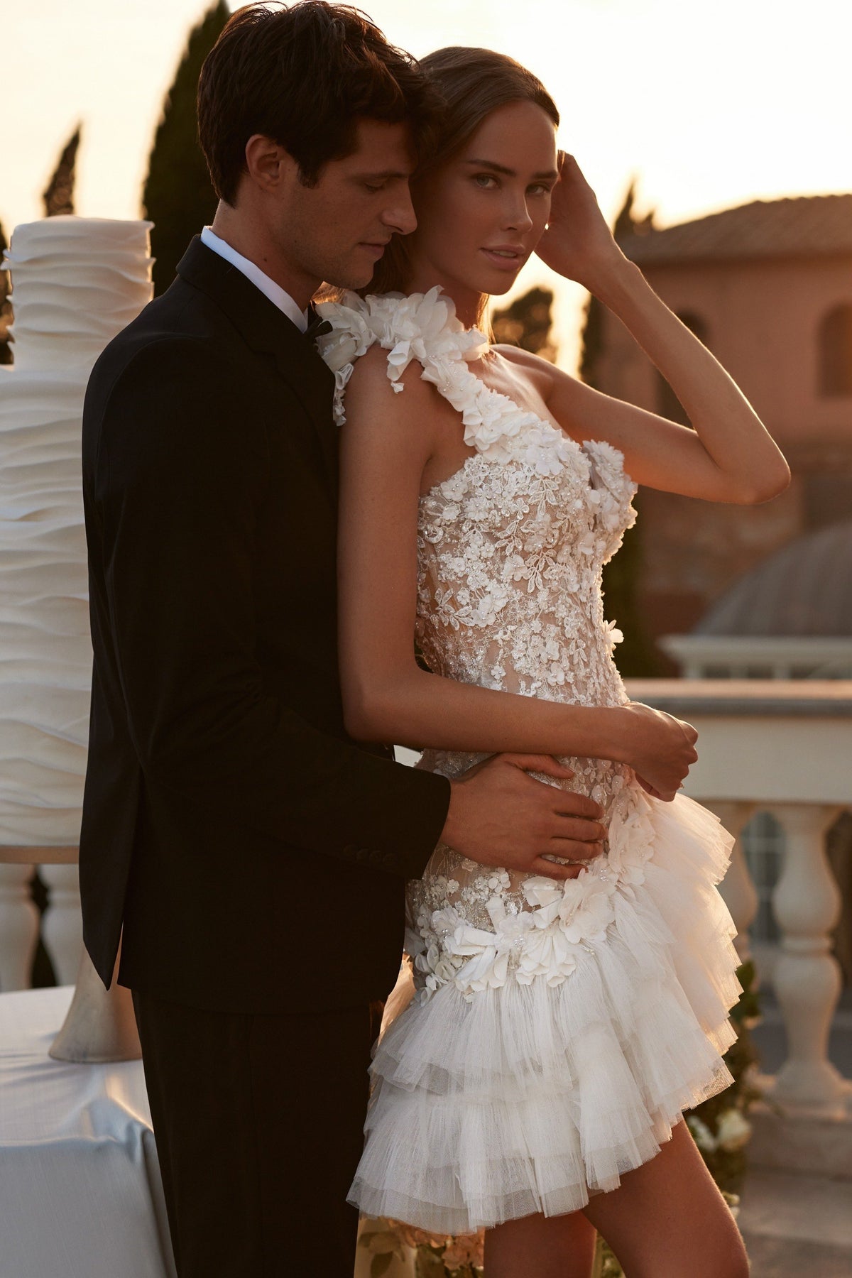 Sherri Hill 81144 sweetheart lace short wedding dress with feather skirt in ivory/nude