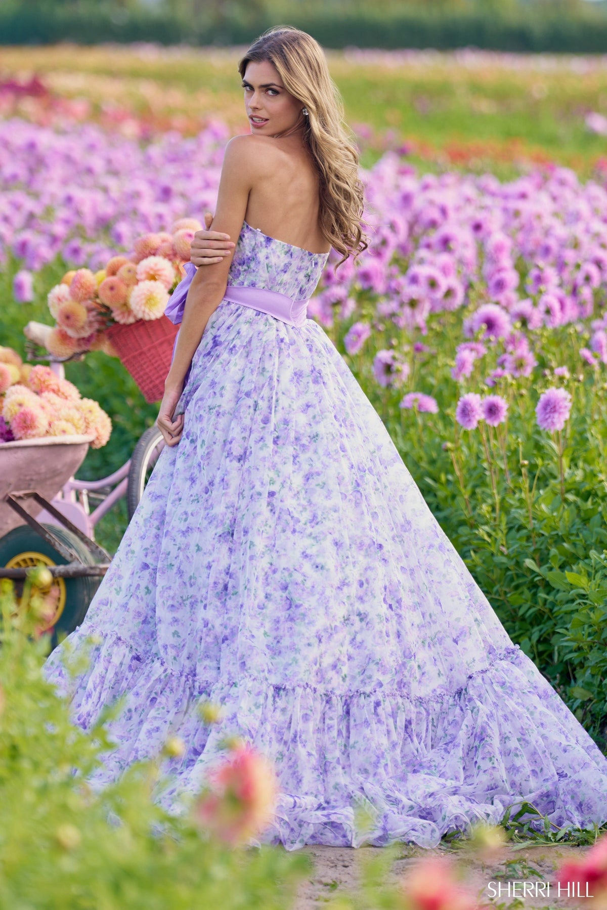 Sherri Hill 56243 strapless organza floral print gown