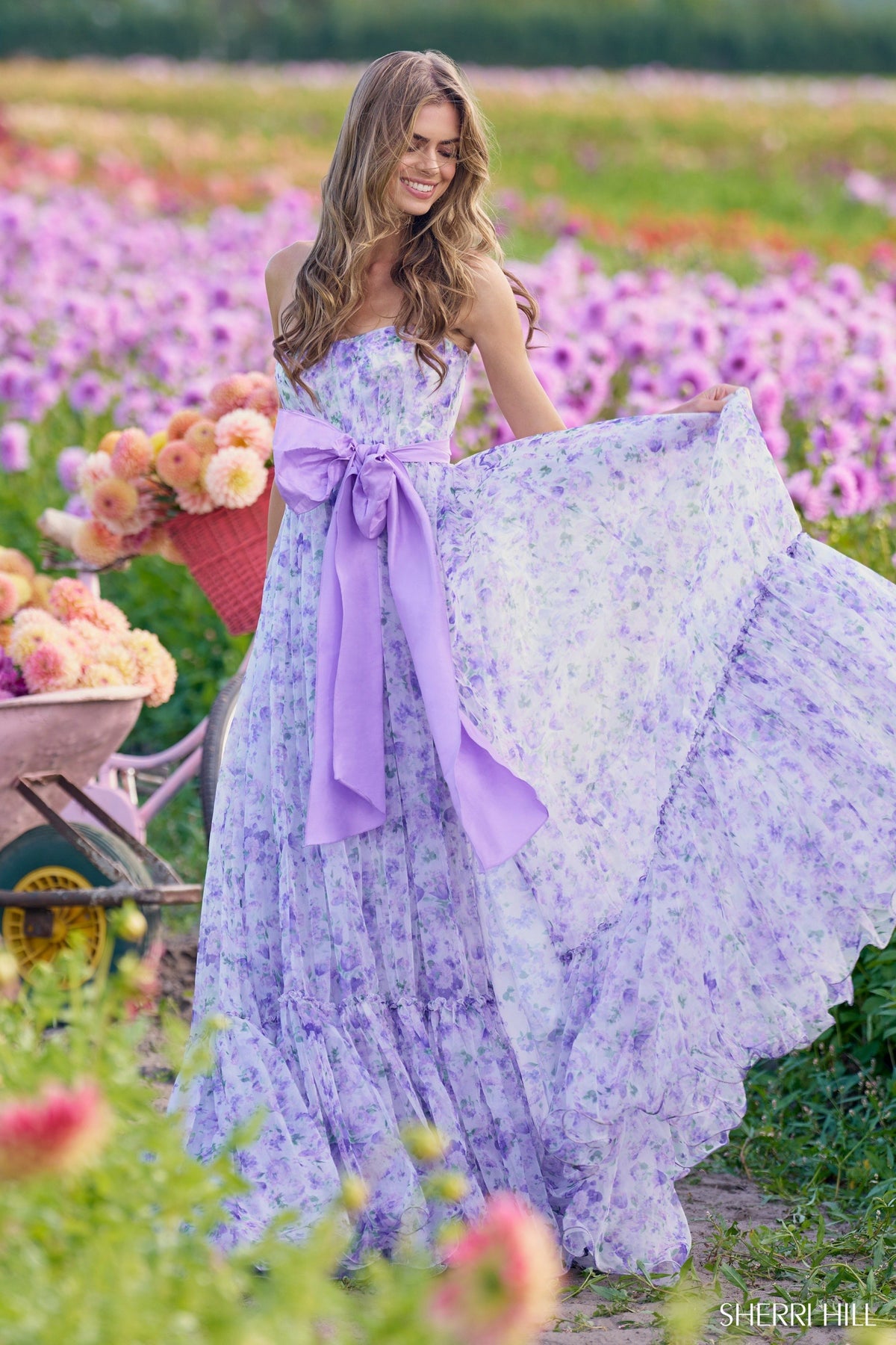 Sherri Hill 56243 strapless organza floral print gown in lilac print