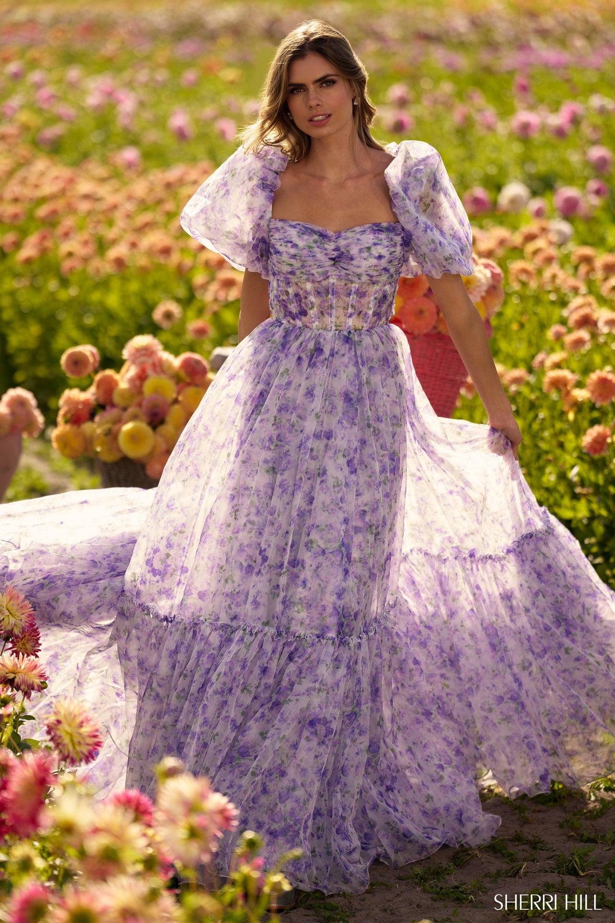 Sherri Hill 56381 organza floral print ball gown