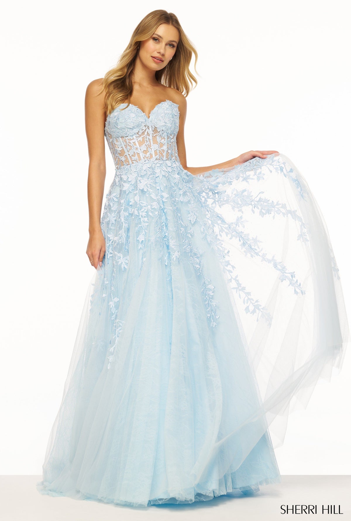 Sherri Hill 55760 leaf lace embroidered A-line gown in light blue