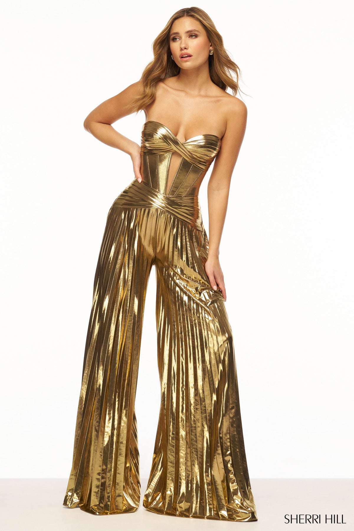 Sherri Hill 56404 strapless metallic jumpsuit