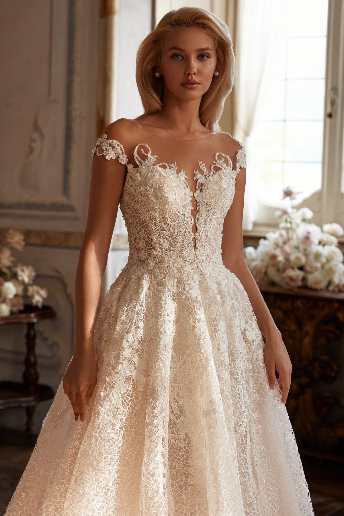 Sherri Hill 81069 off-the-shoulder lace ball gown wedding dress