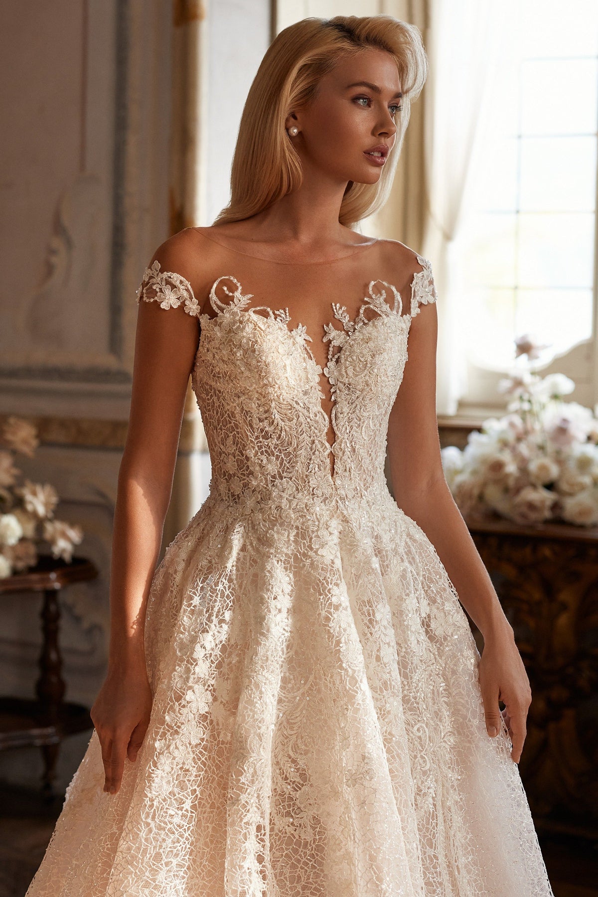 Sherri Hill 81069 off-the-shoulder lace ball gown wedding dress