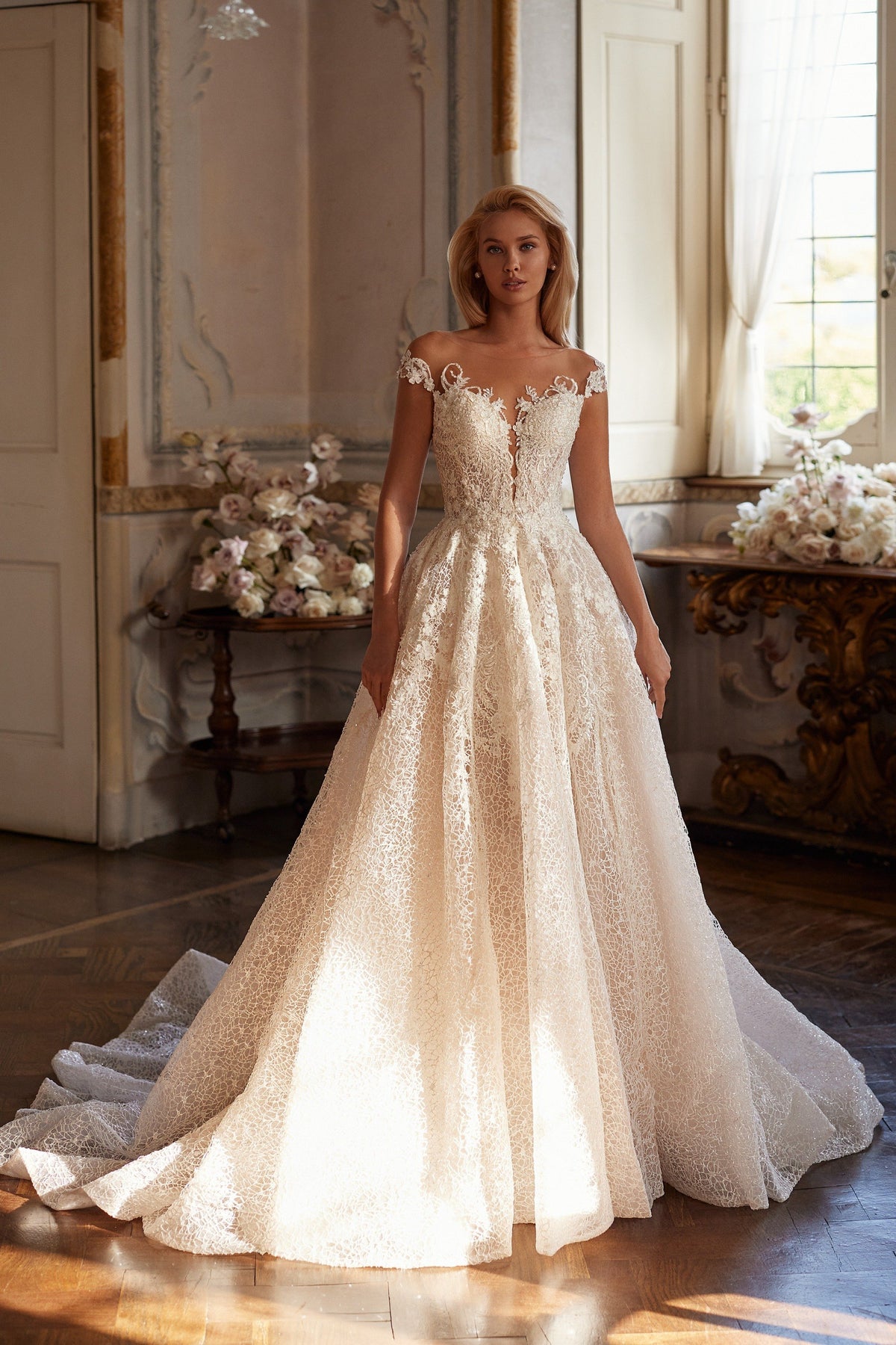 Sherri Hill 81069 off-the-shoulder lace ball gown wedding dress